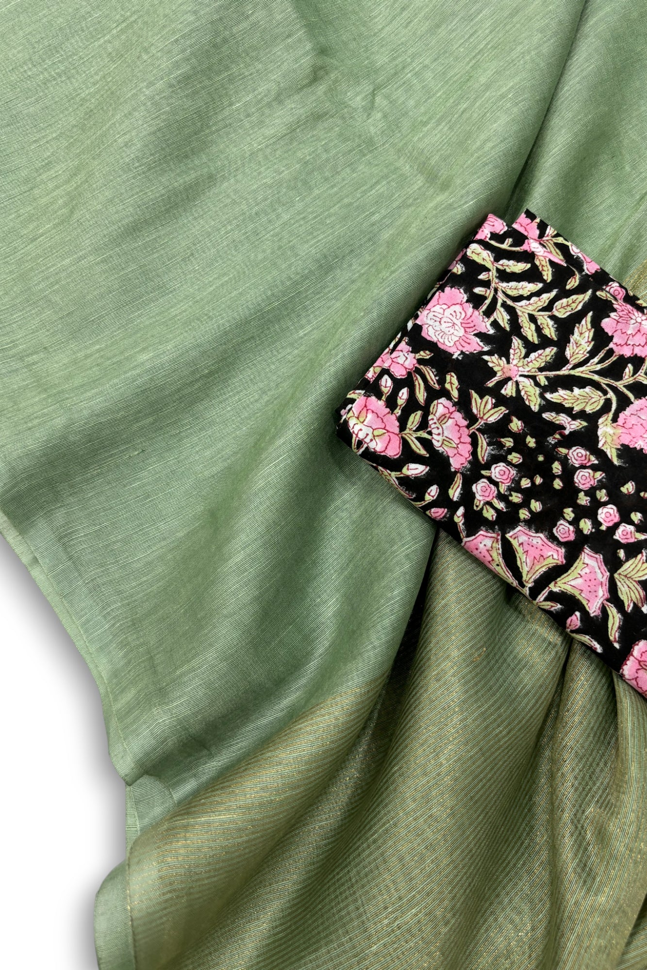 olive green silk linen saree with printed blouse piece - linenworldonline.in