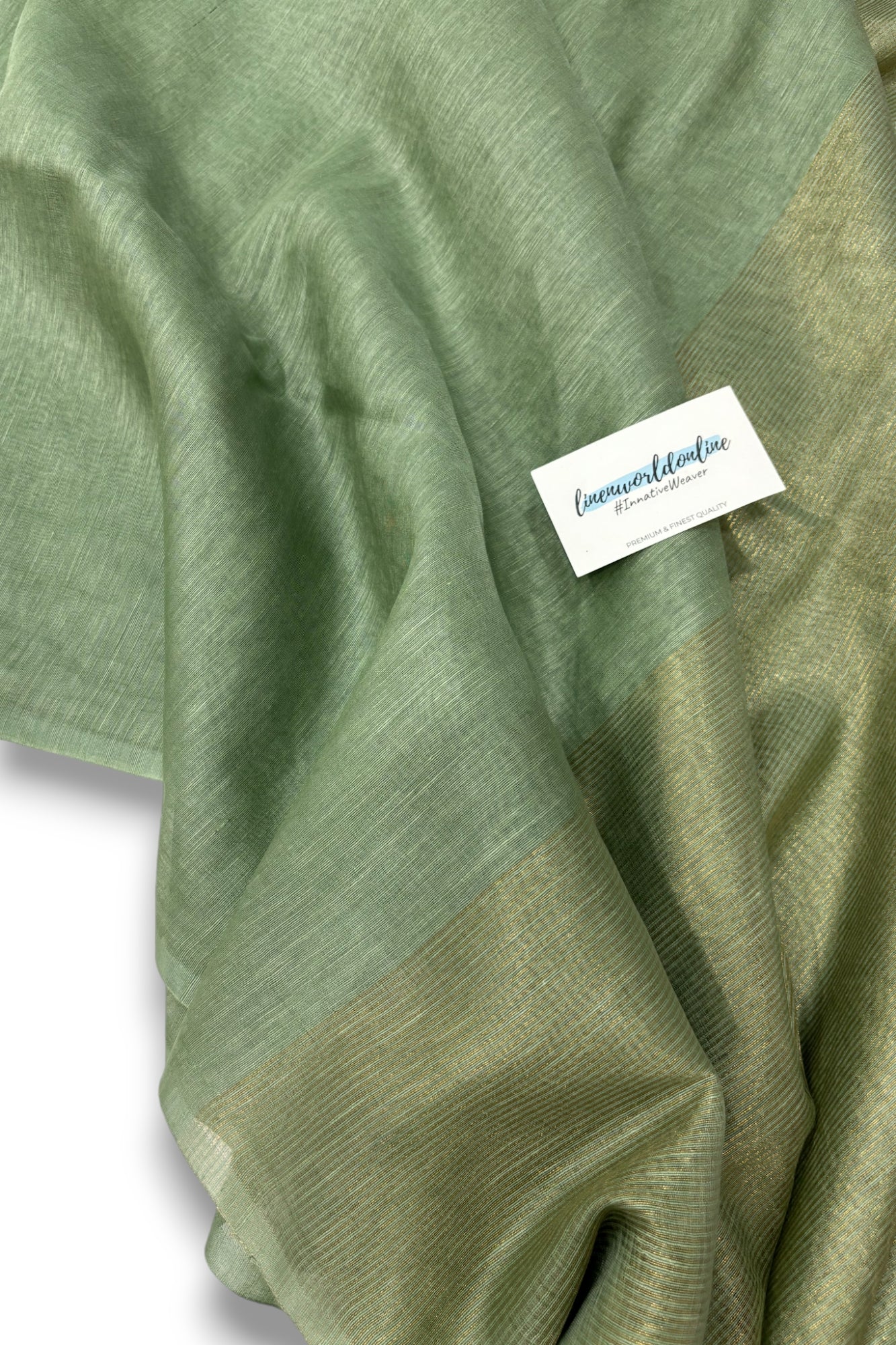 olive green silk linen saree with printed blouse piece - linenworldonline.in