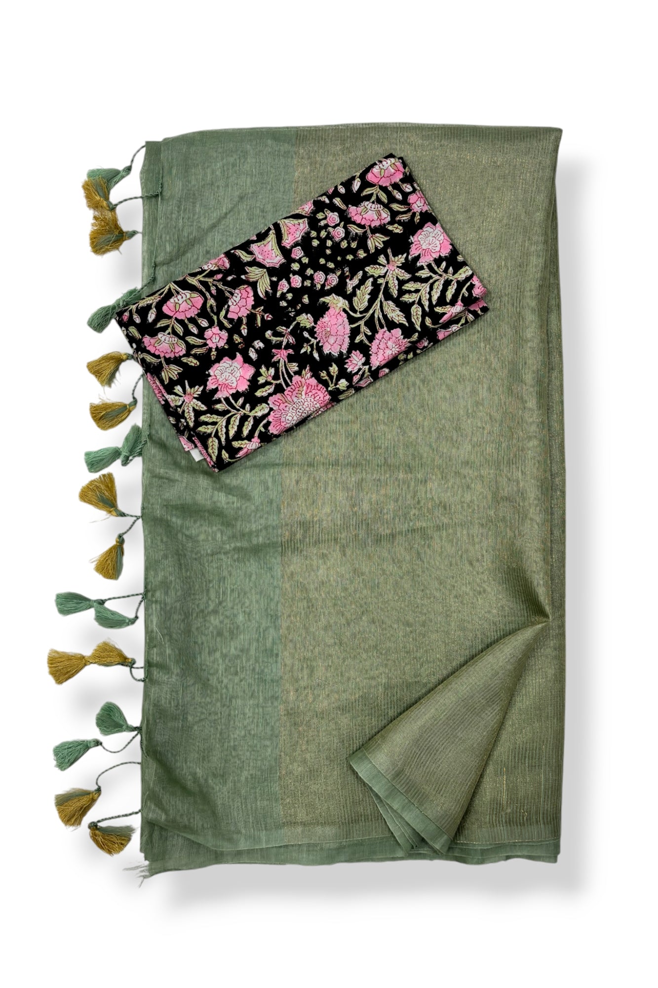 olive green silk linen saree with printed blouse piece - linenworldonline.in