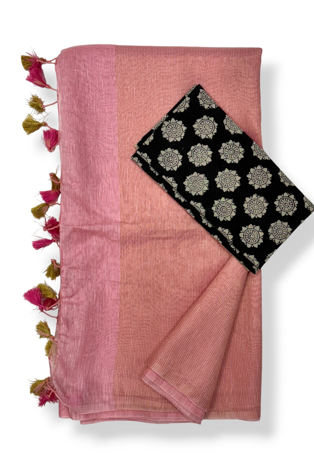 peach silk linen saree with printed blouse piece - linenworldonline.in