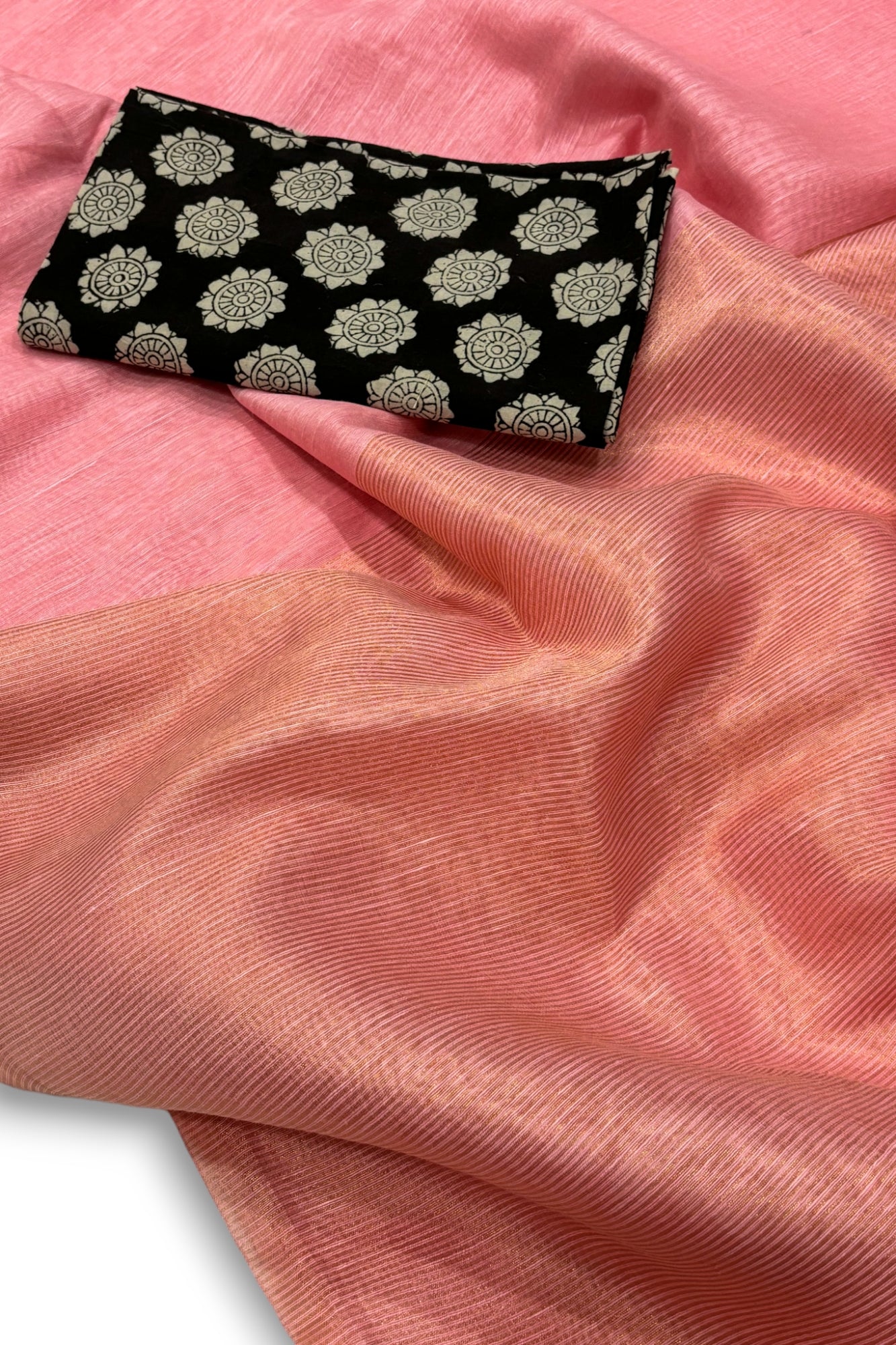 peach silk linen saree with printed blouse piece - linenworldonline.in