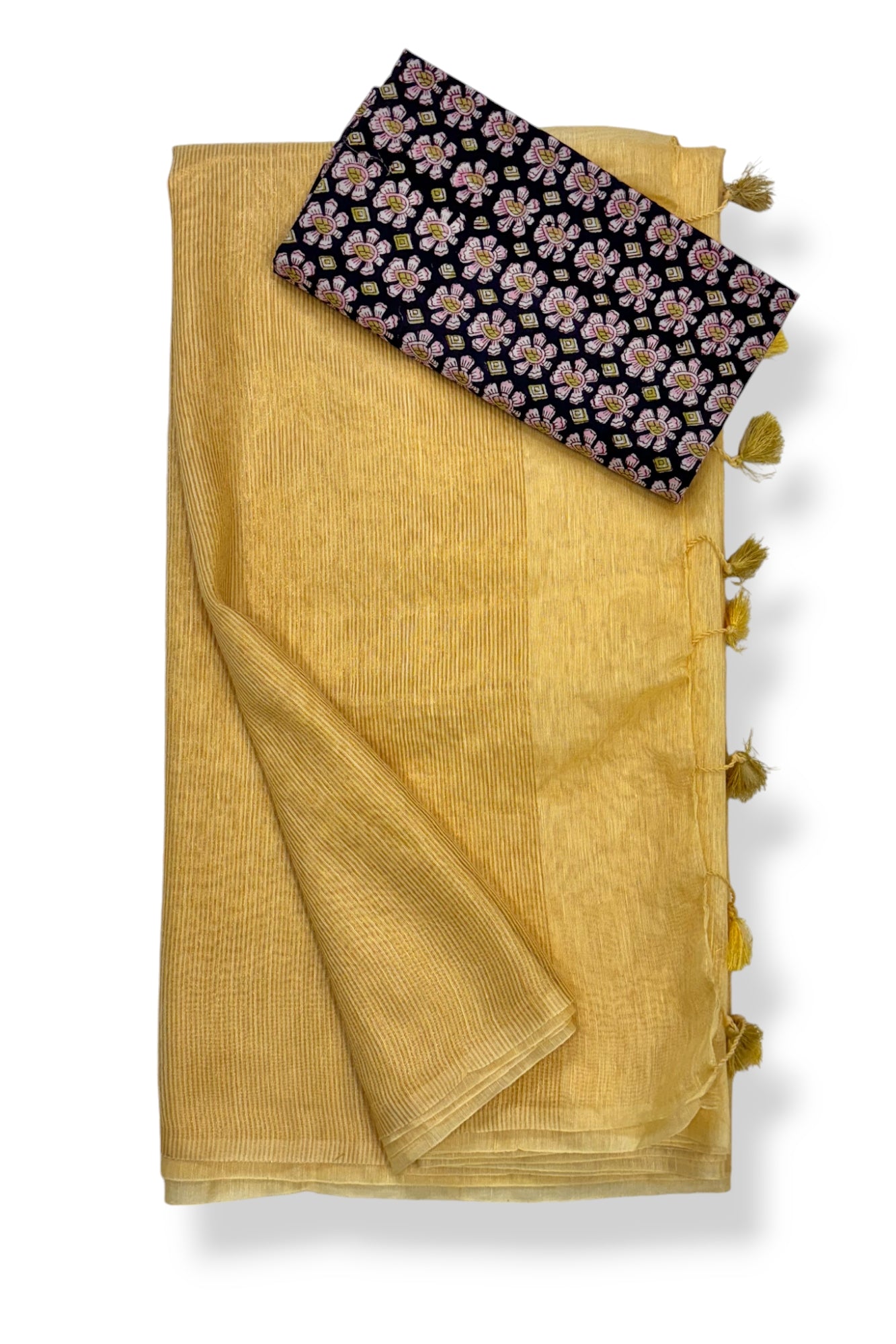 yellow silk linen saree with printed blouse piece - linenworldonline.in