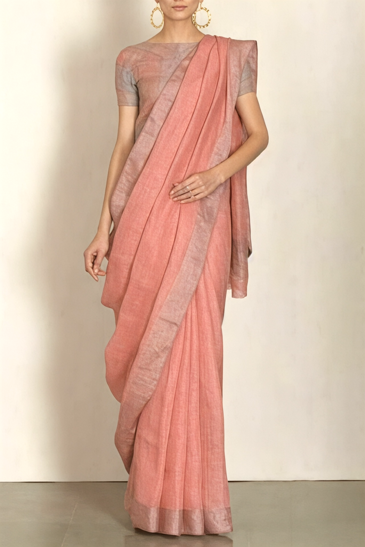 peach handloom pure linen saree - linenworldonline.in