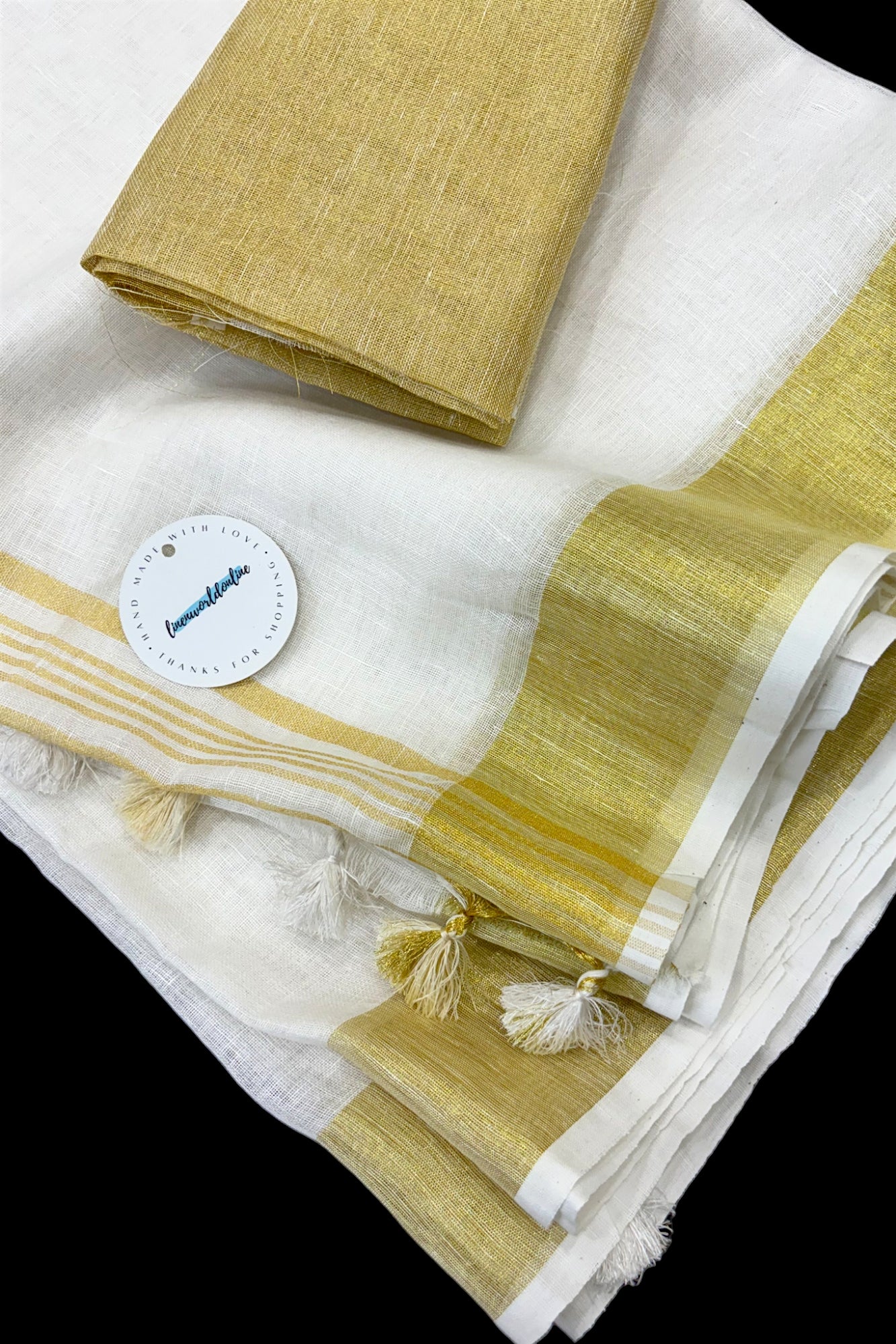 pure linen saree with gold border - linenworldonline.in