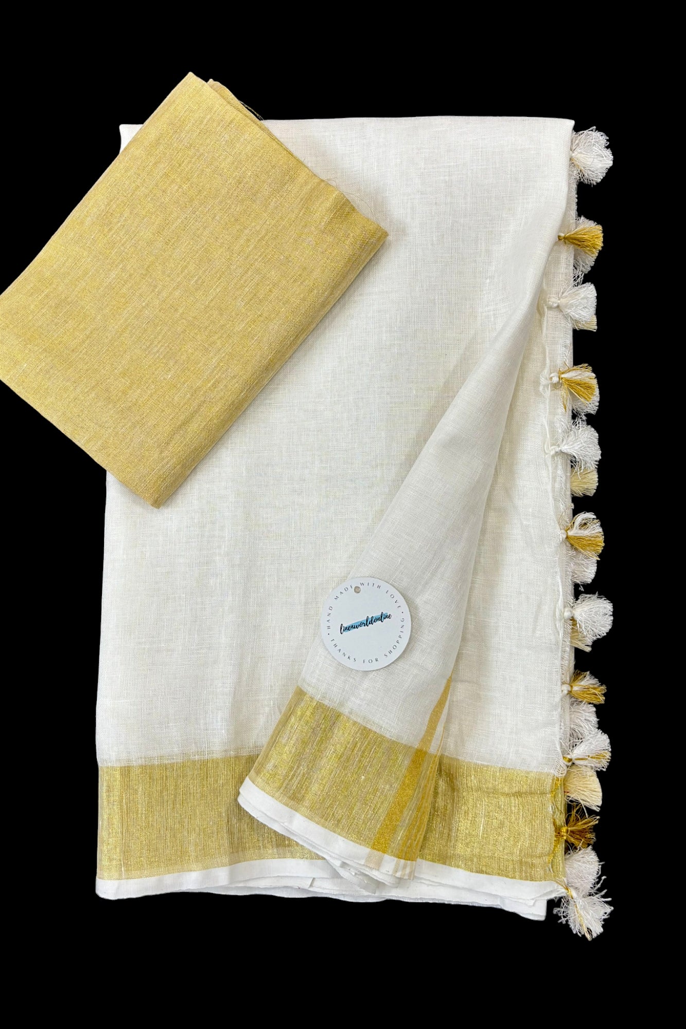 pure linen saree with gold border - linenworldonline.in