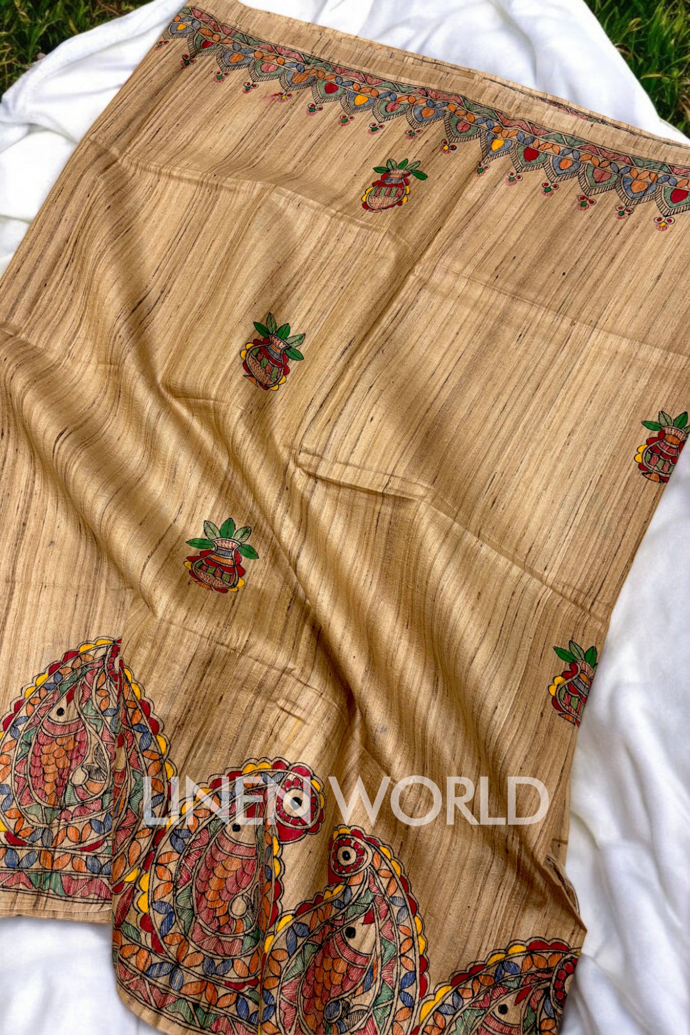 madhubani painted tussar ghicha silk saree - linenworldonline.in