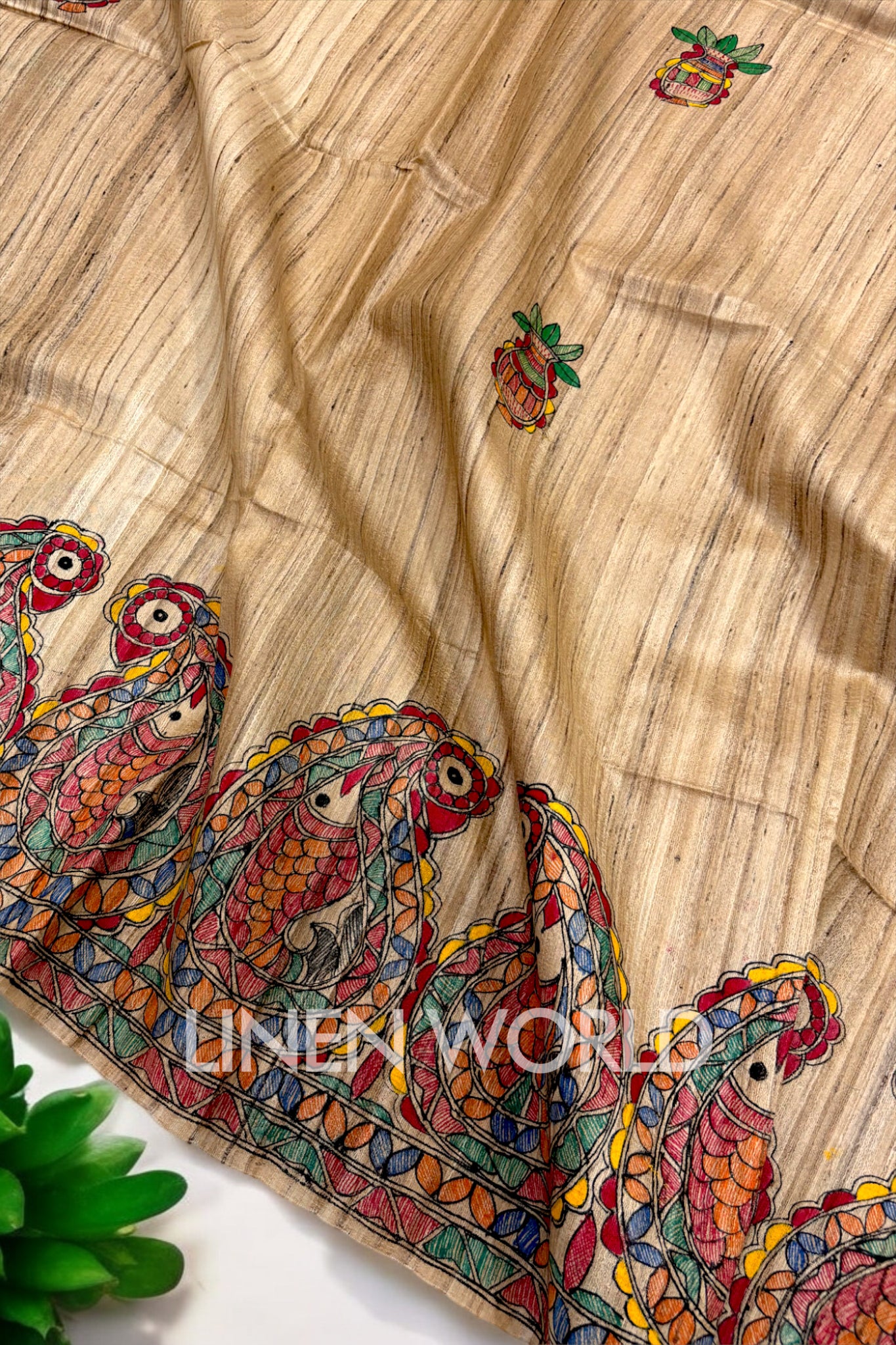 madhubani painted tussar ghicha silk saree - linenworldonline.in