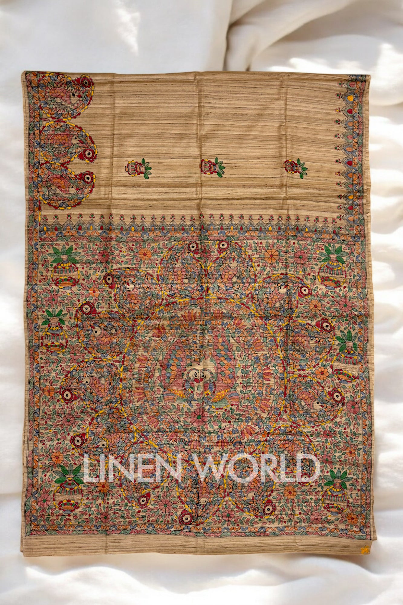 madhubani painted tussar ghicha silk saree - linenworldonline.in