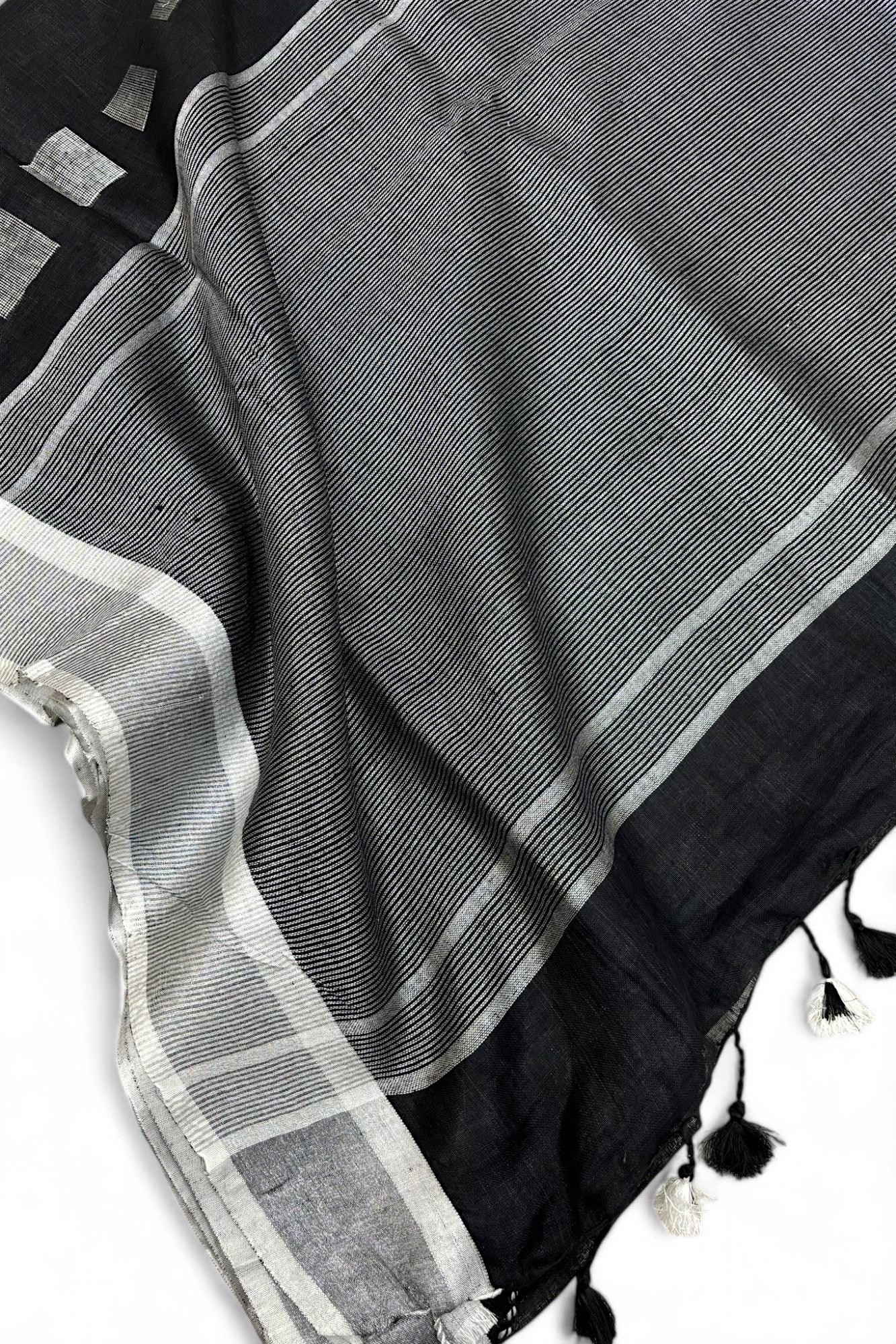 kaalaratri: black dobby woven exclusive organic linen saree - linenworldonline.in