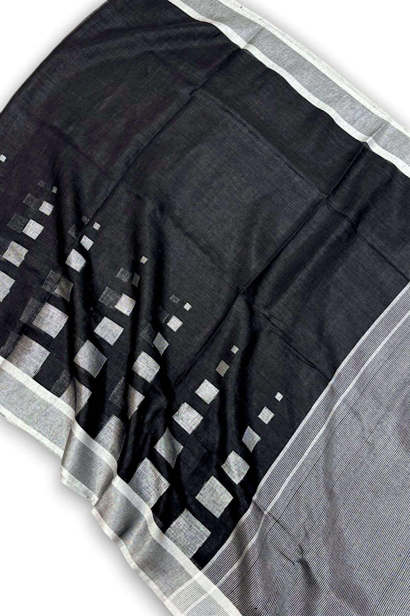 kaalaratri: black dobby woven exclusive organic linen saree - linenworldonline.in