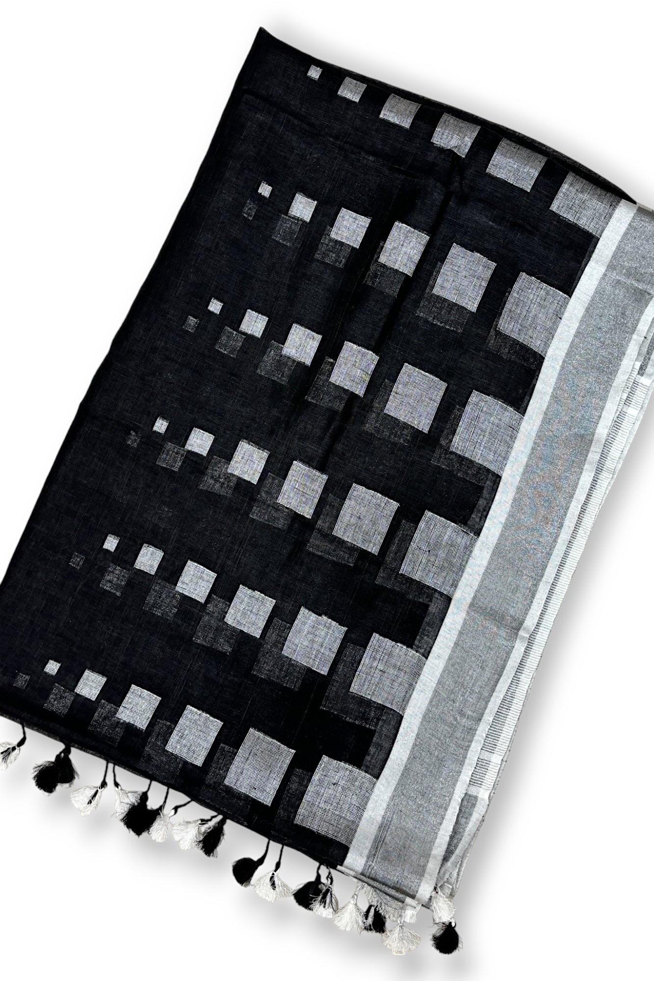 kaalaratri: black dobby woven exclusive organic linen saree - linenworldonline.in