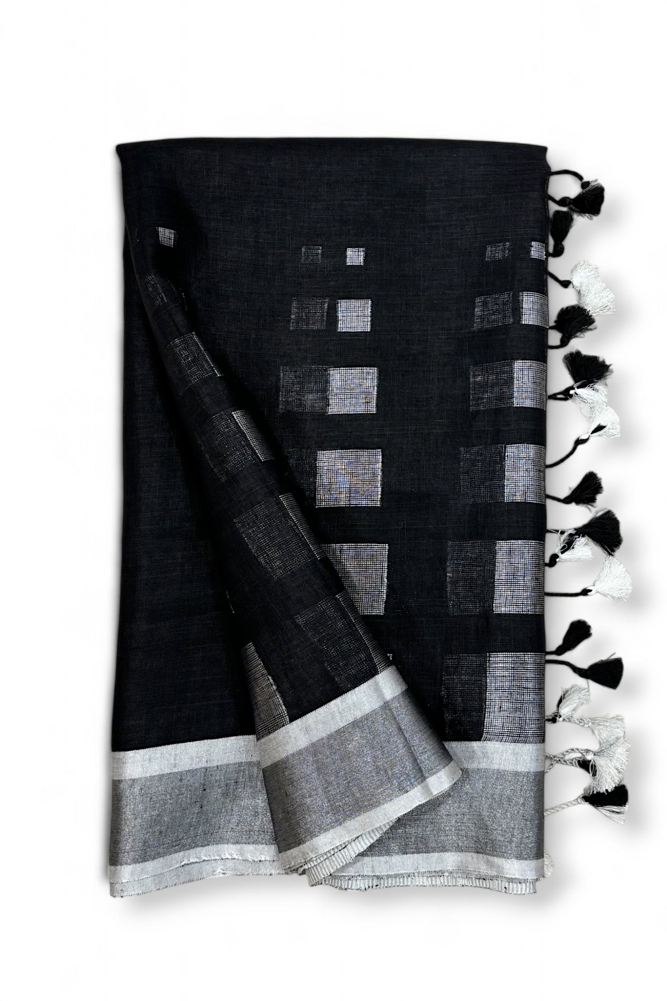 kaalaratri: black dobby woven exclusive organic linen saree - linenworldonline.in