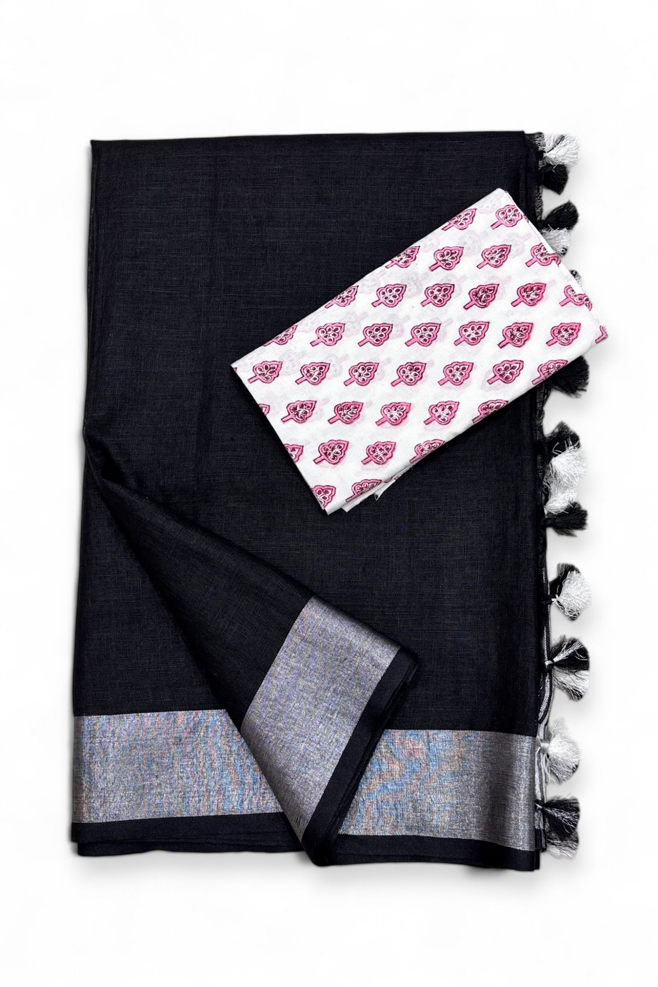 jet black organic pure linen saree with cotton printed blouse piece - linenworldonline.in