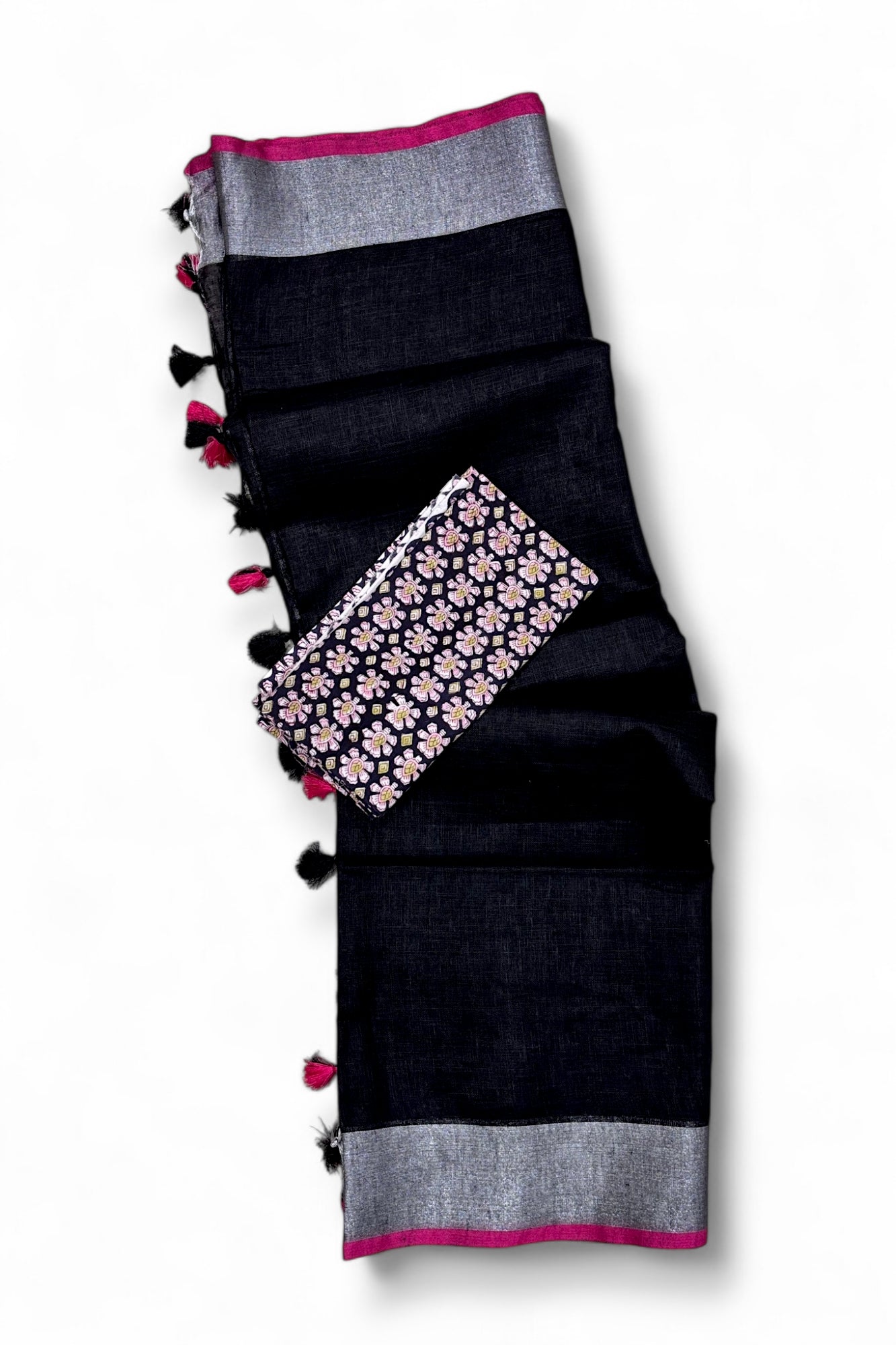 jet black organic pure linen saree with cotton printed blouse piece - linenworldonline.in