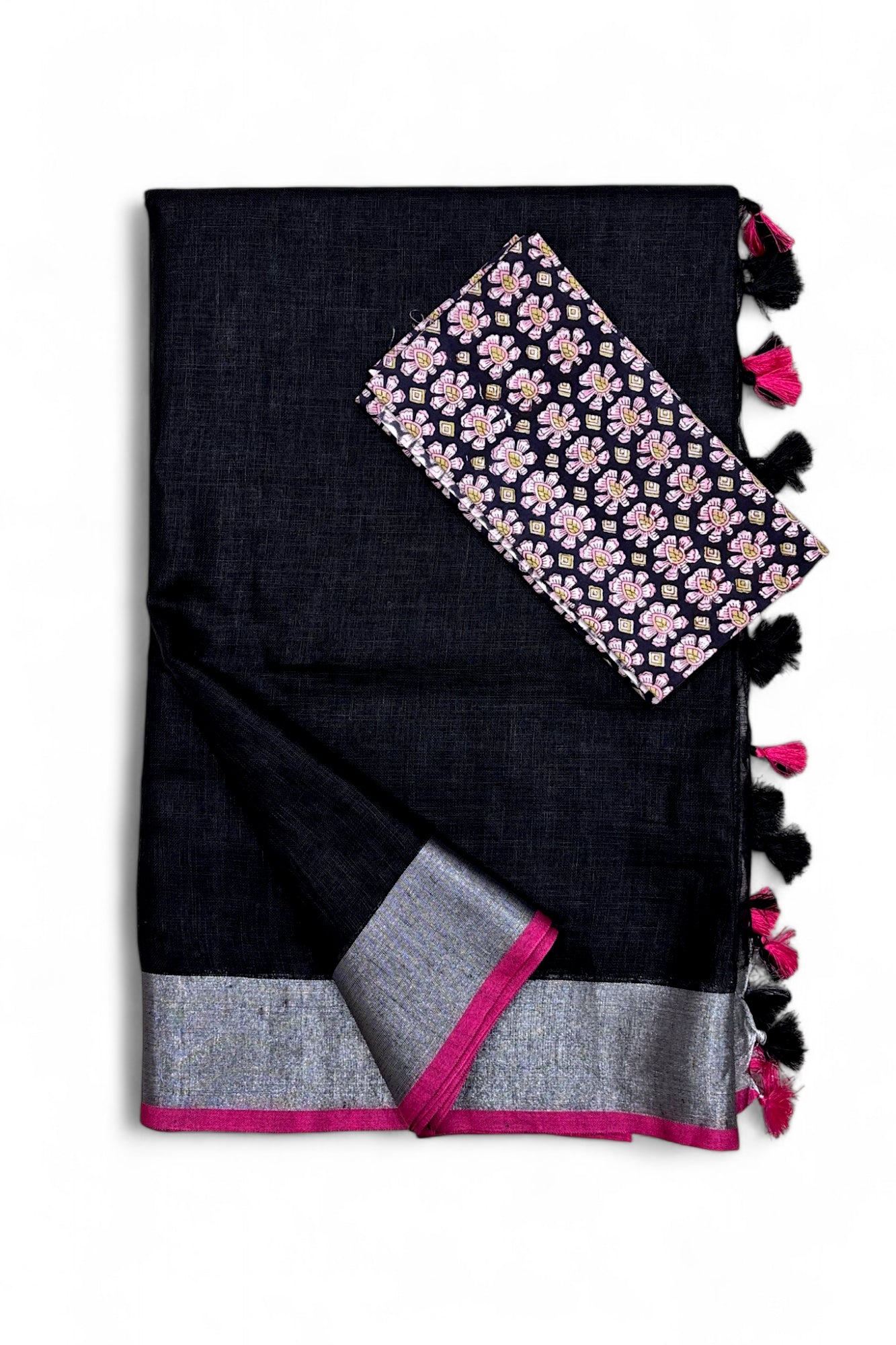 jet black organic pure linen saree with cotton printed blouse piece - linenworldonline.in