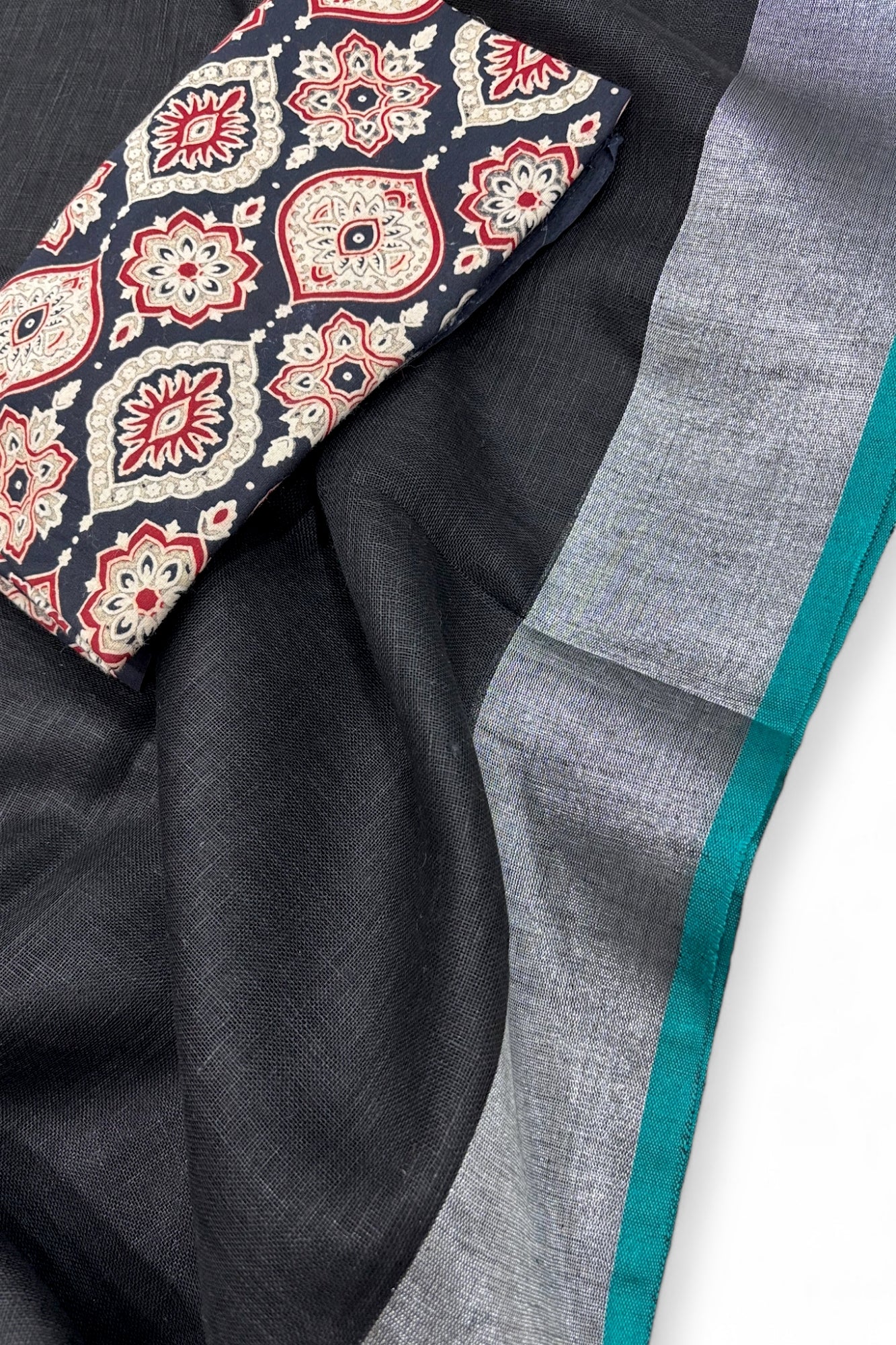 jet black organic pure linen saree with cotton printed blouse piece - linenworldonline.in