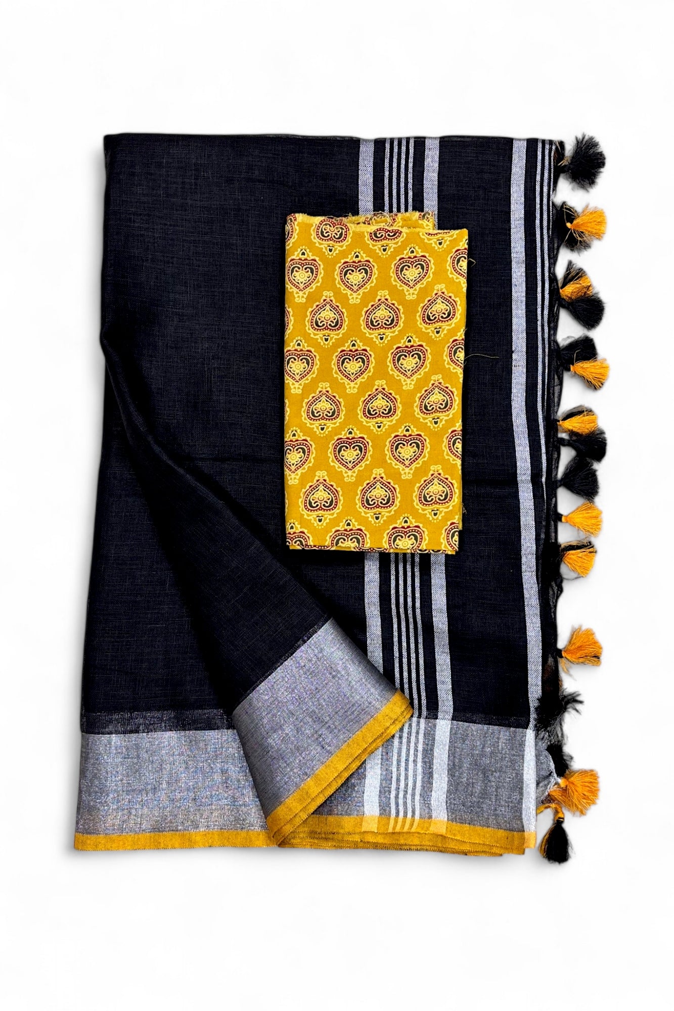 jet black organic pure linen saree with cotton printed blouse piece - linenworldonline.in