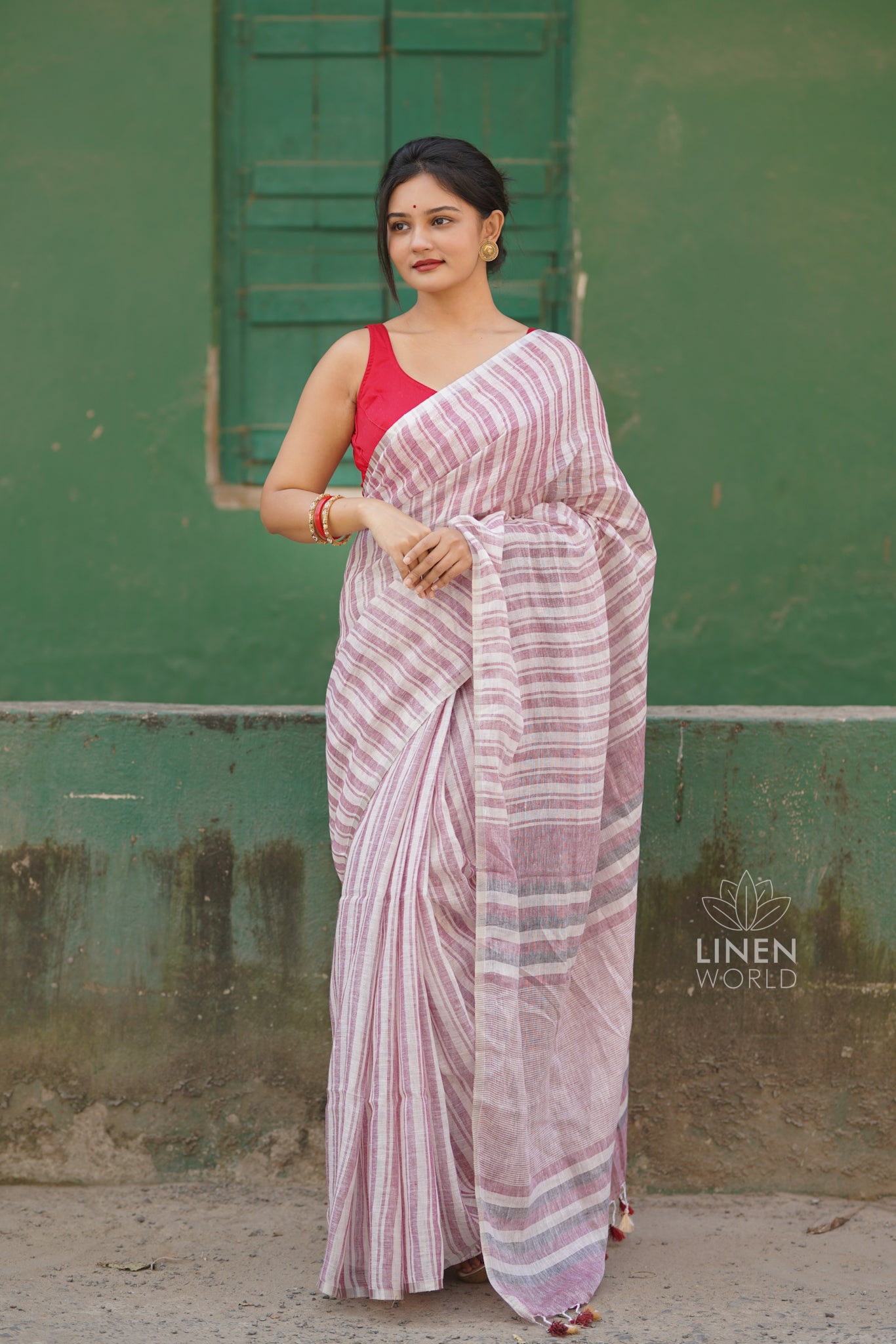 maroon cream handloom pure linen saree - linen world