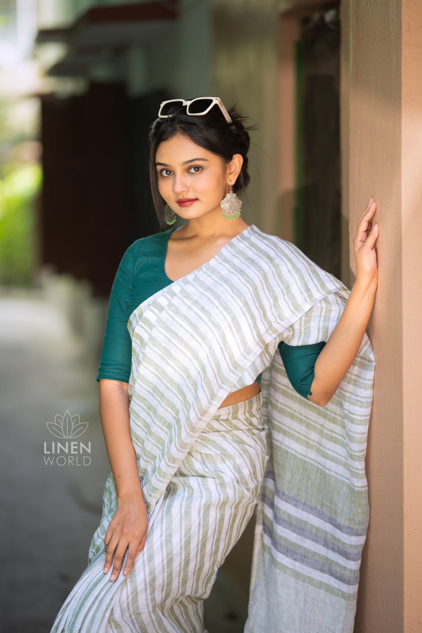 sage green handloom pure linen saree - linen world