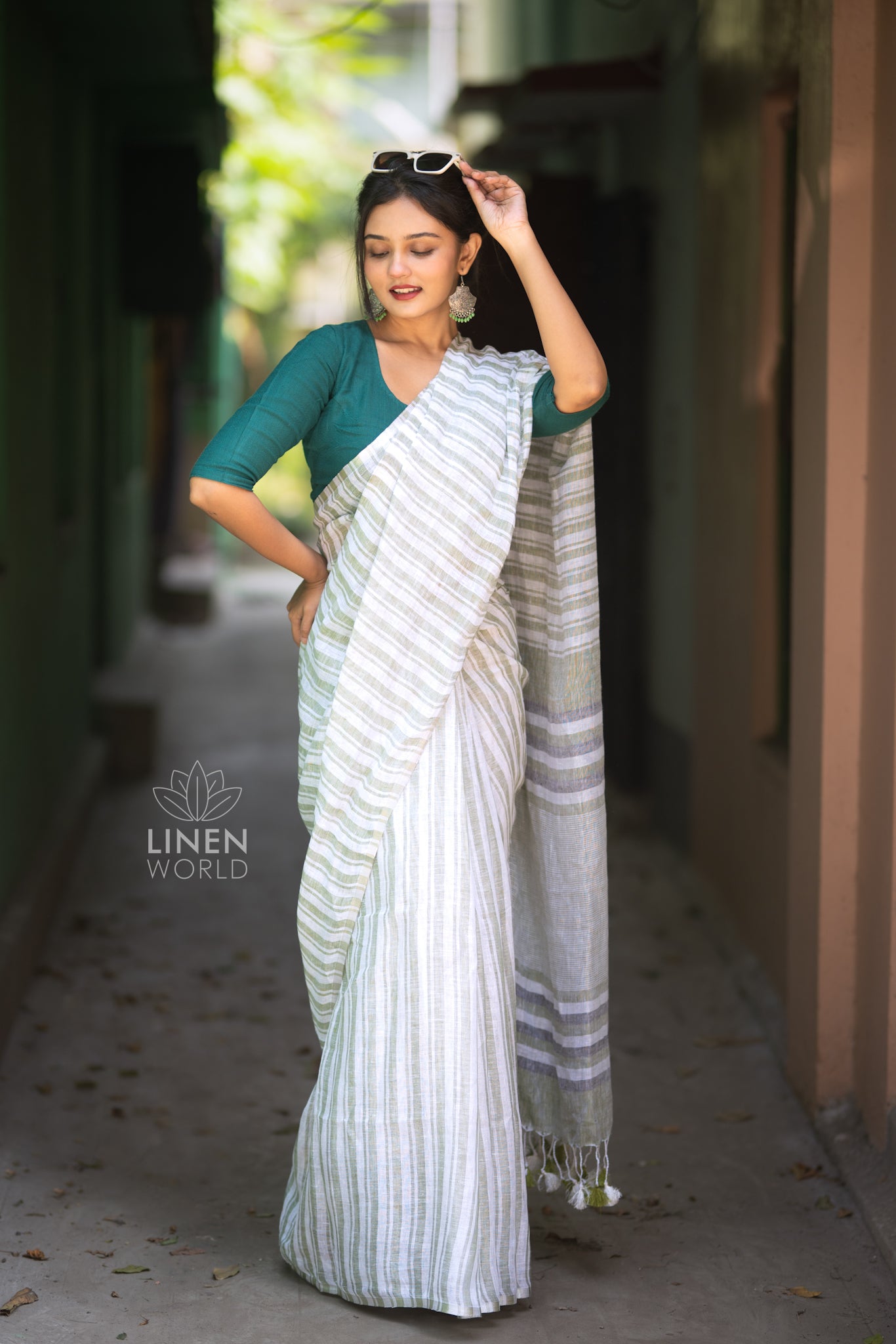 sage green handloom pure linen saree - linen world