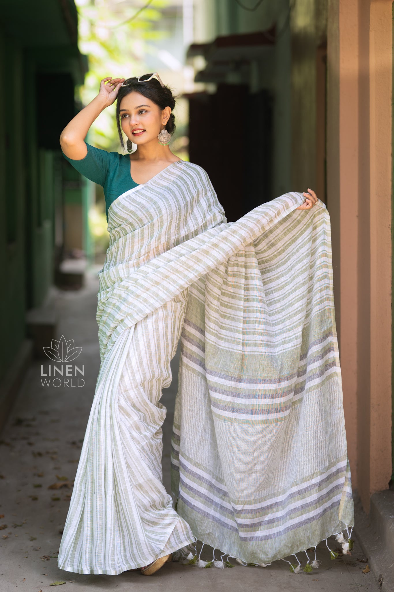 sage green handloom pure linen saree - linen world