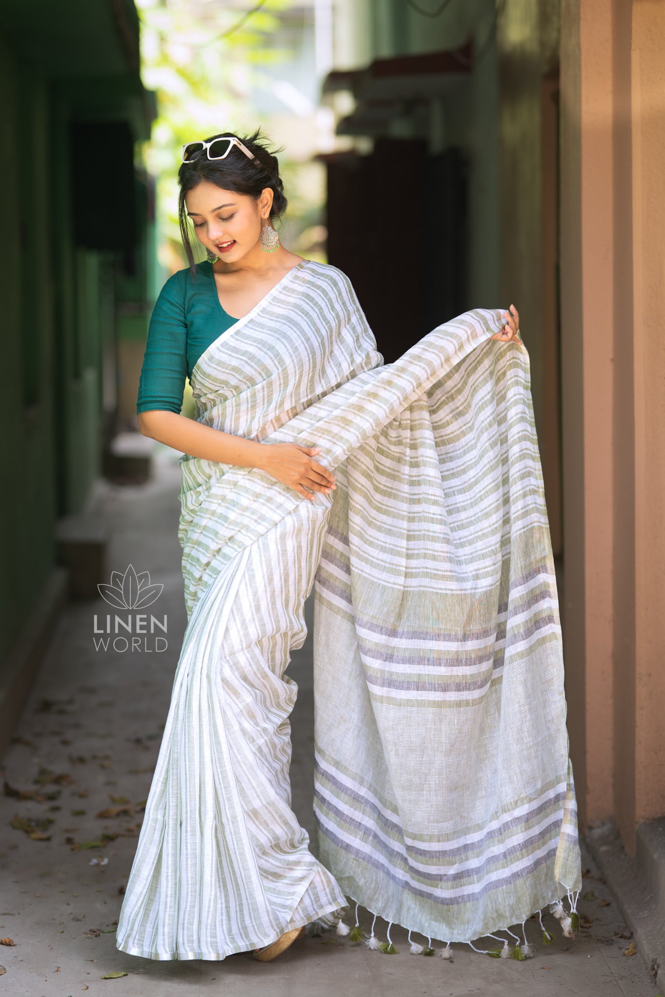 sage green handloom pure linen saree - linen world