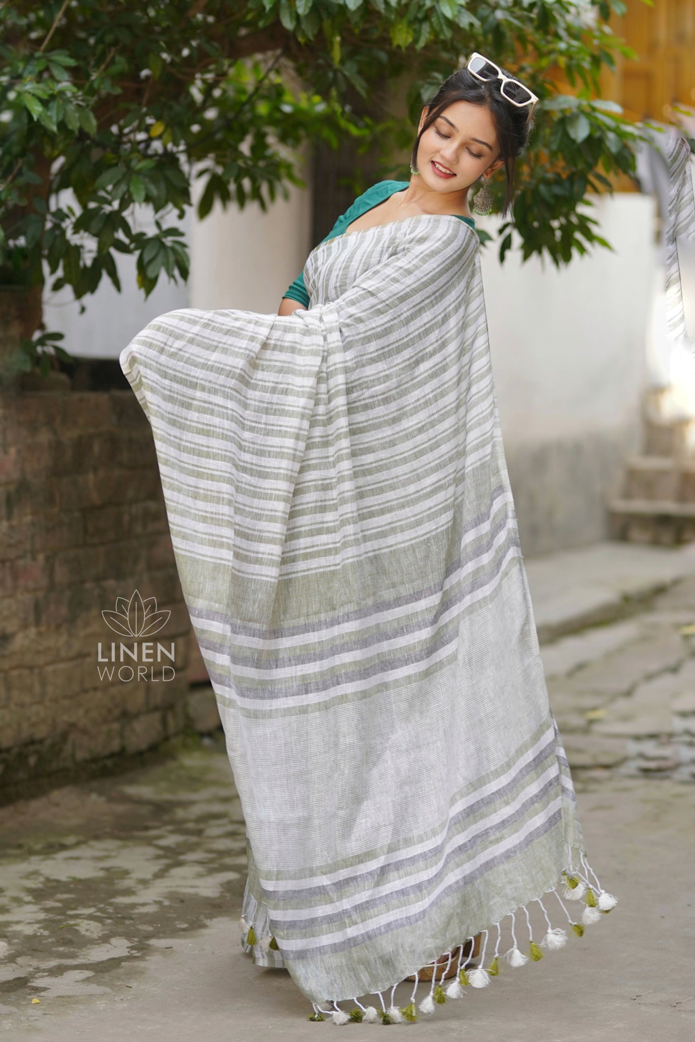 sage green handloom pure linen saree - linen world