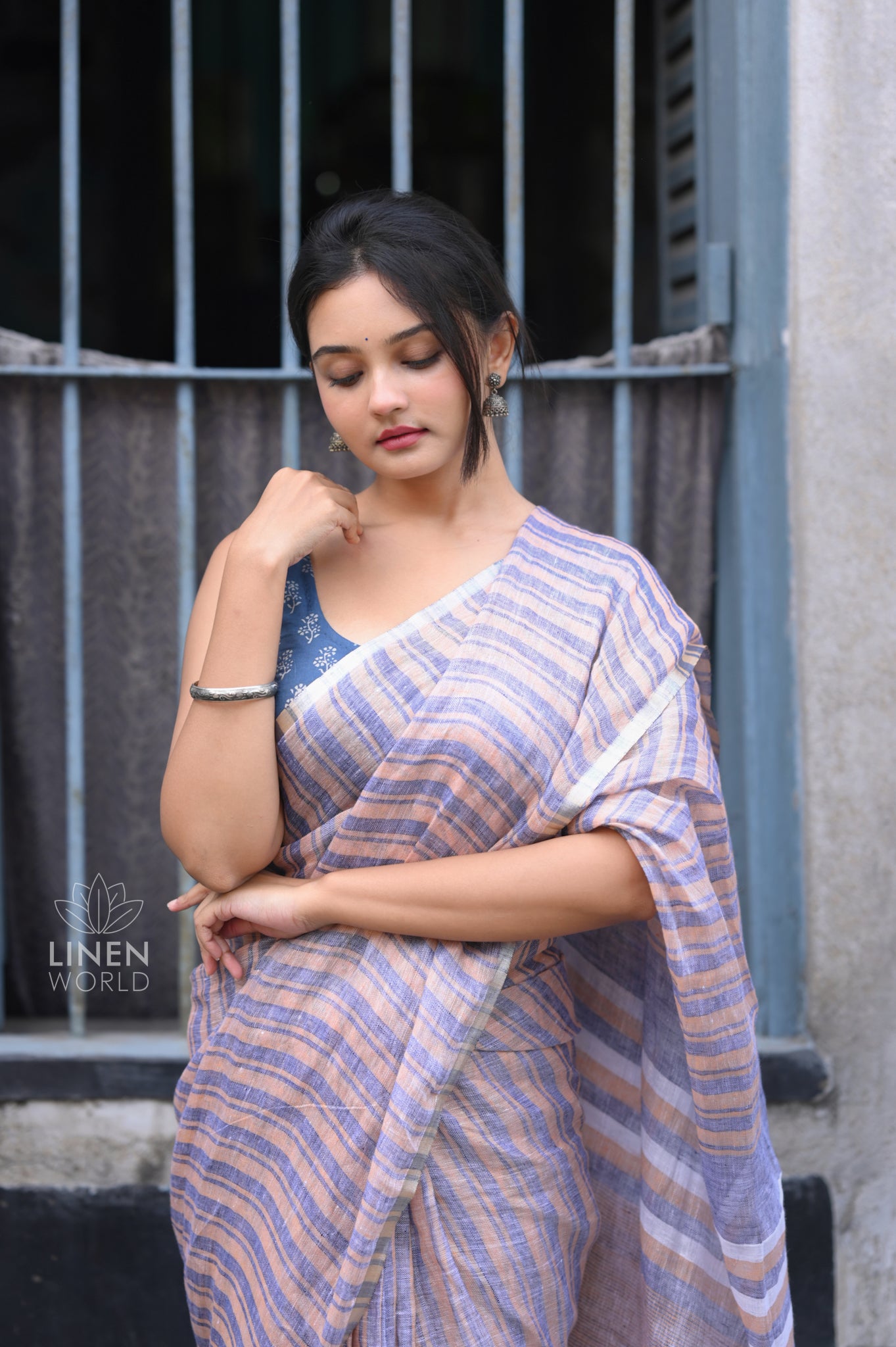 blue khaki handloom pure linen saree - linen world