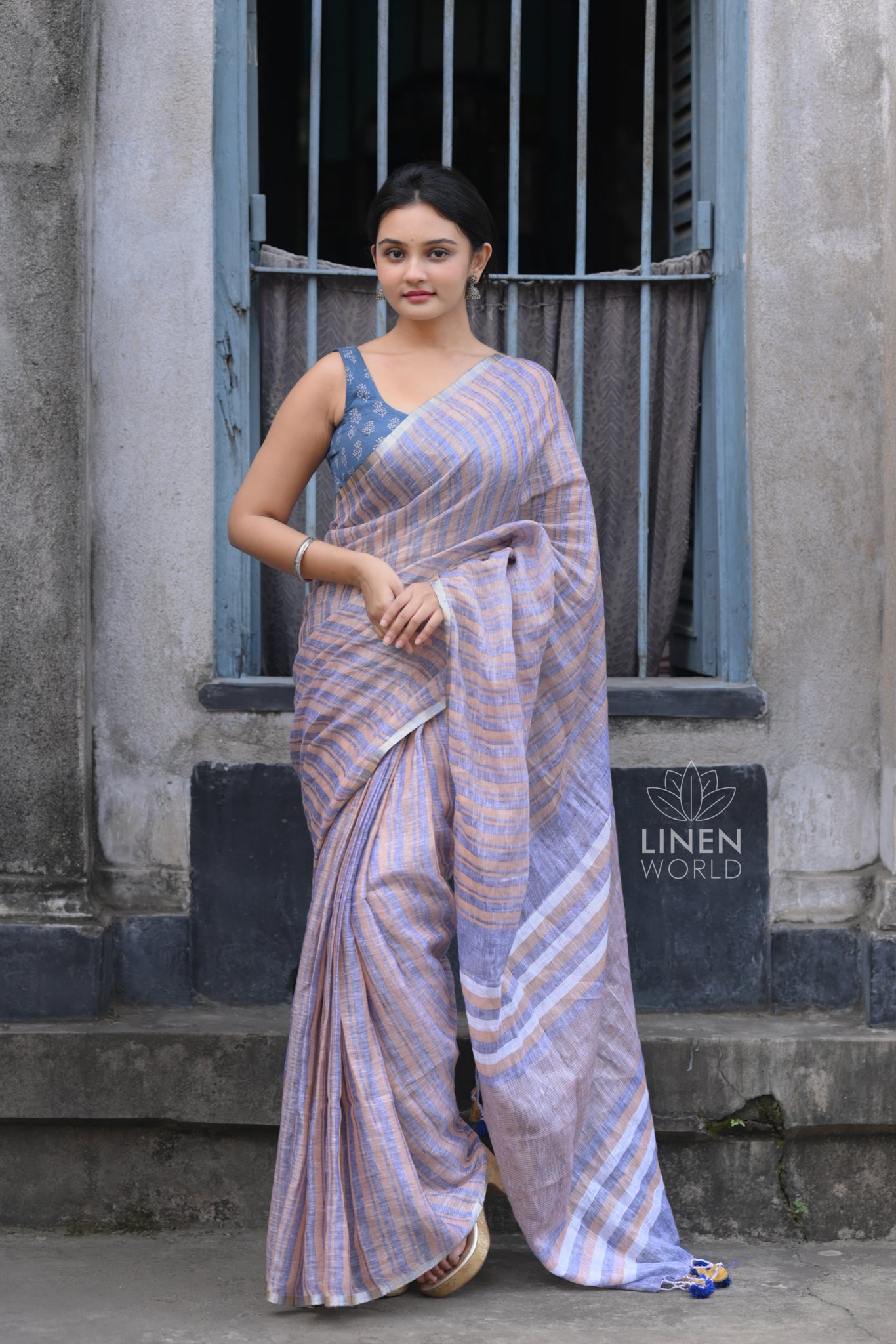 blue khaki handloom pure linen saree - linen world