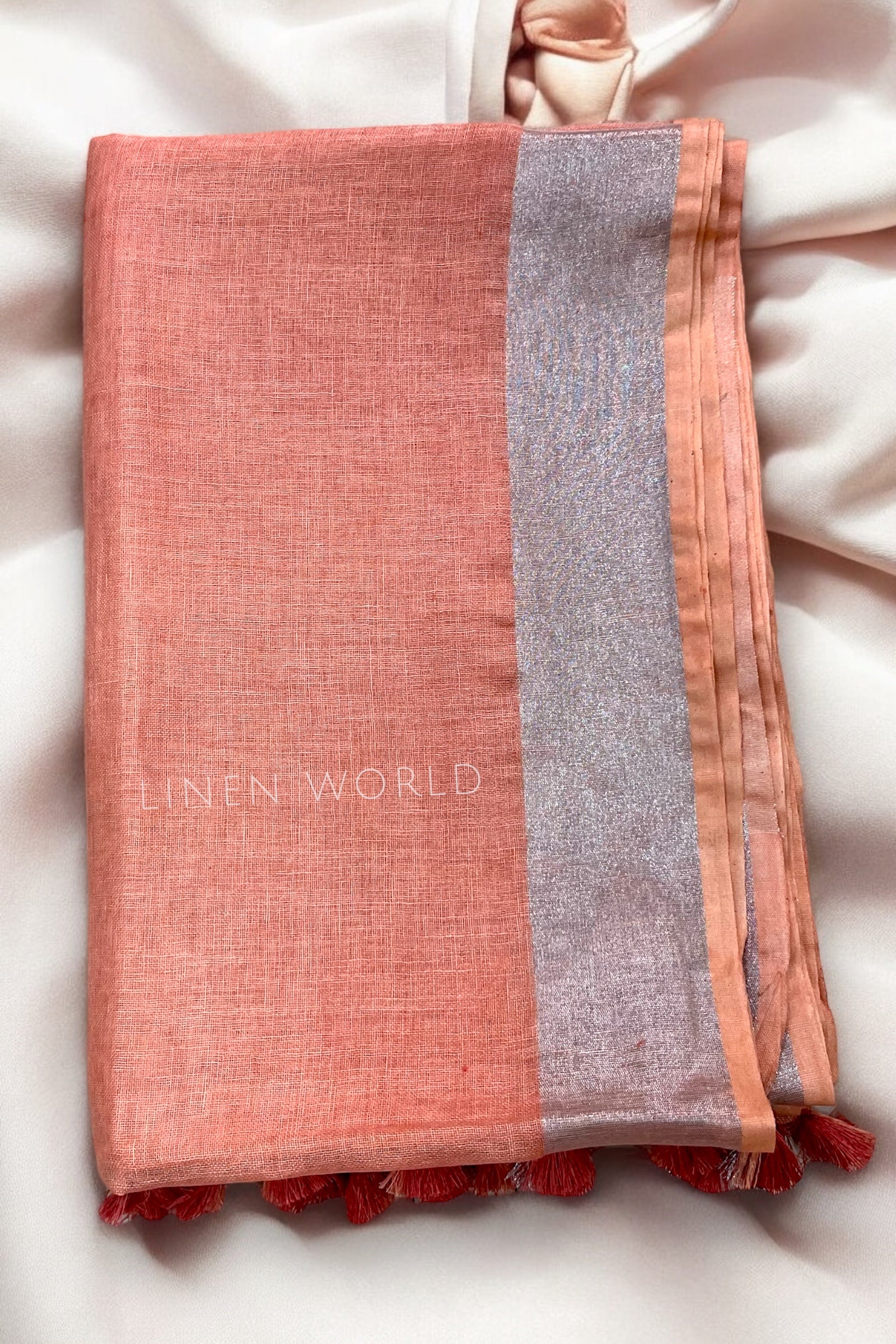 peach handloom pure linen saree - linenworldonline.in