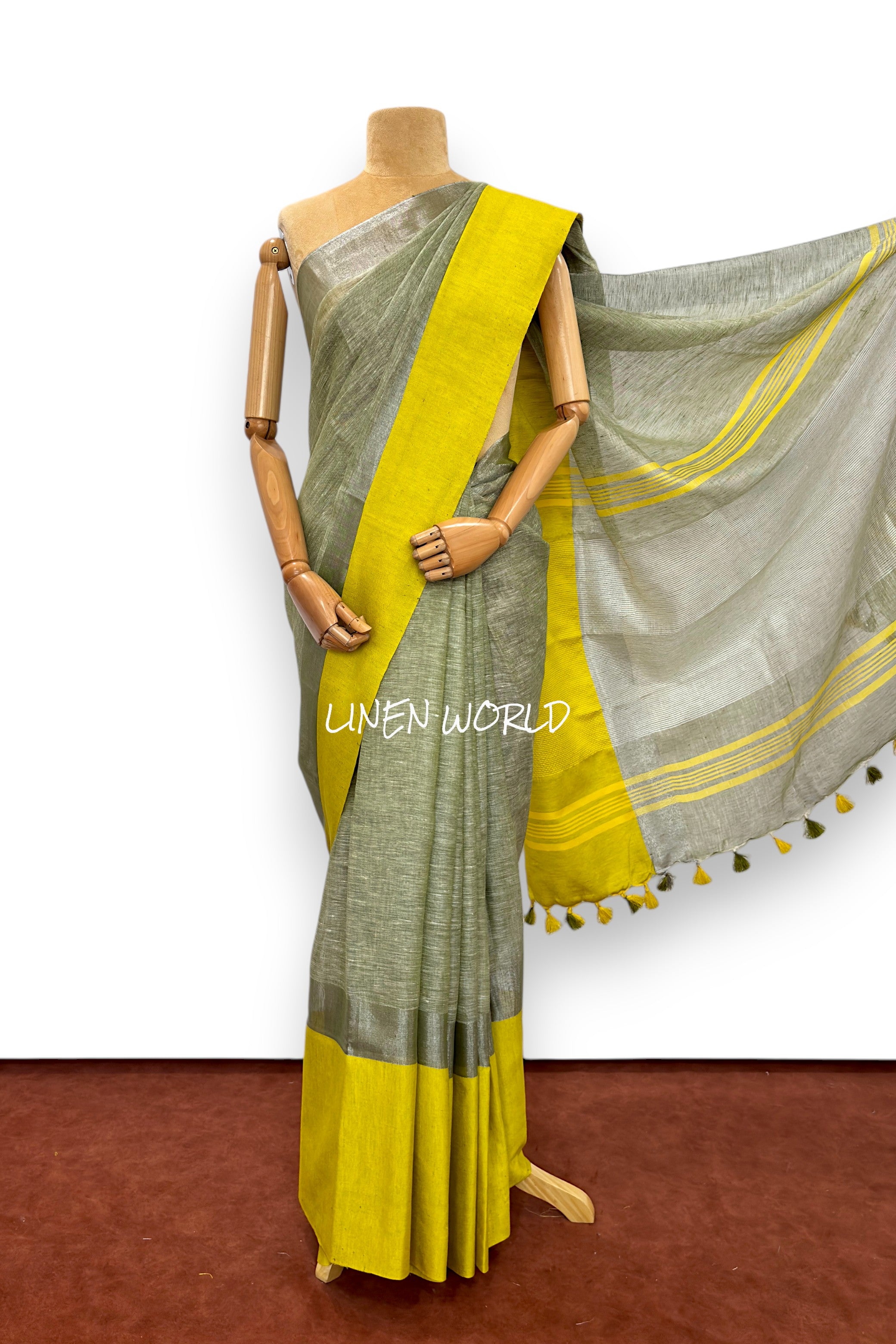 Blue handwoven linen saree with beautiful texture by Linen World