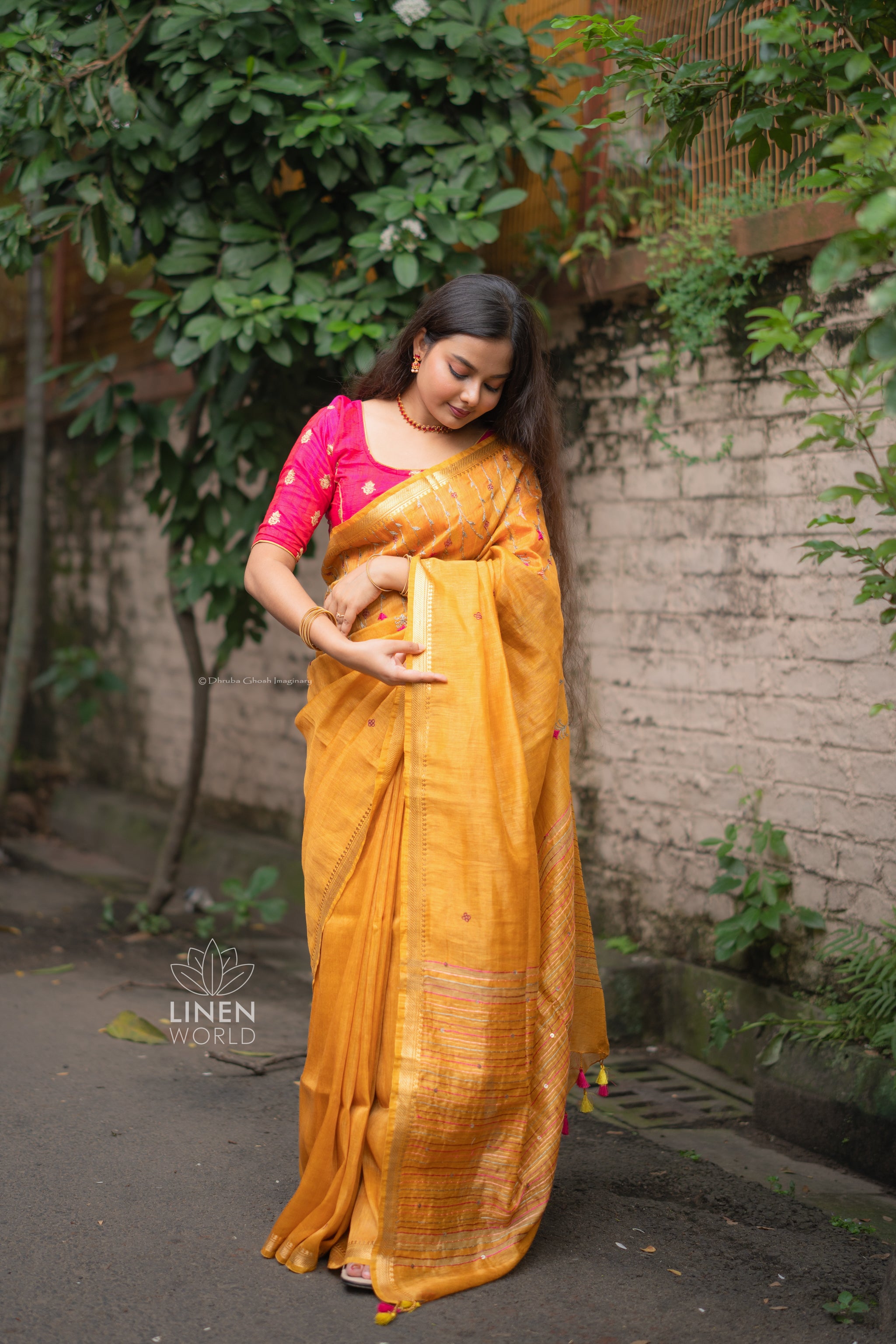 mustard silk linen french knot saree - linenworldonline.in