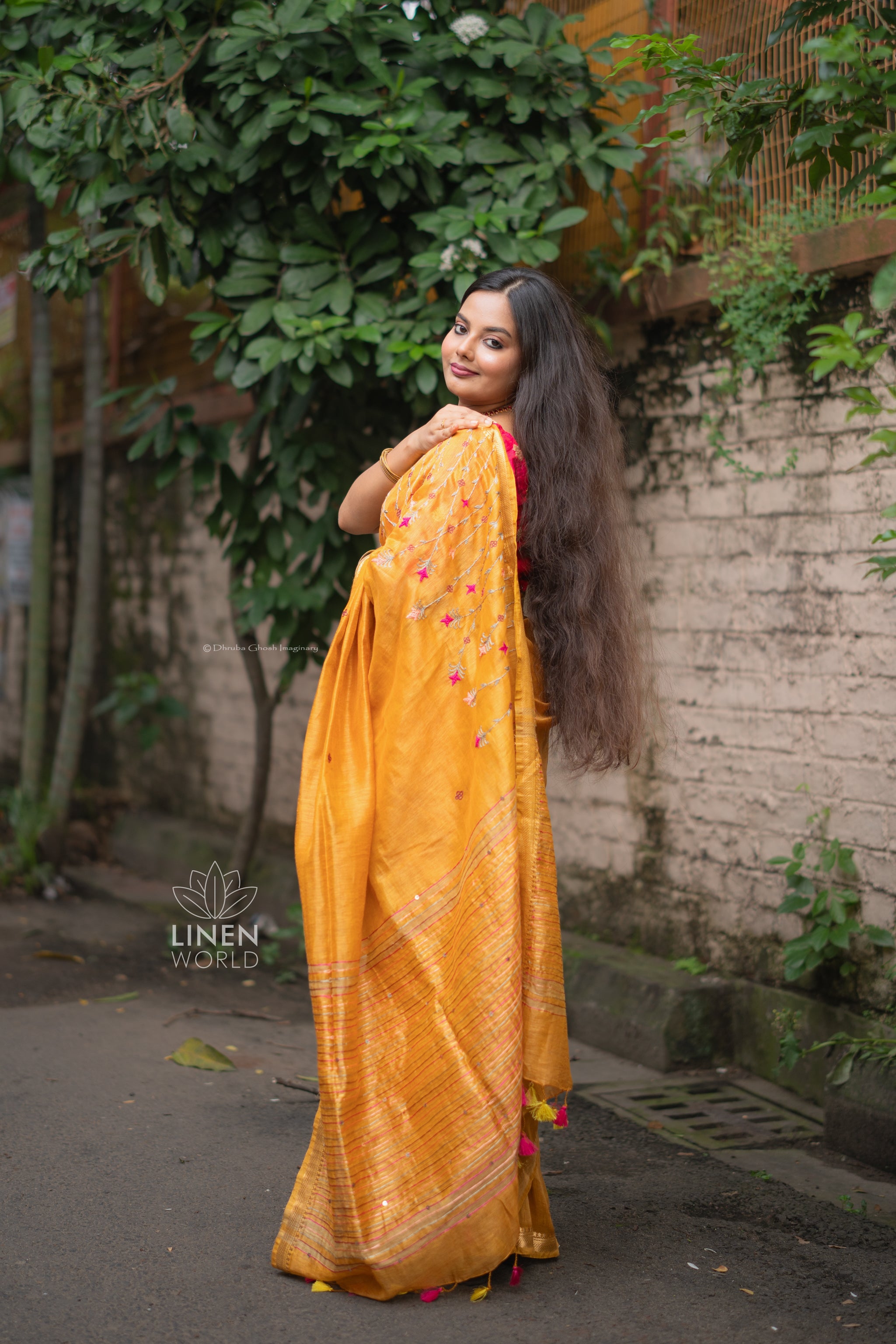 mustard silk linen french knot saree - linenworldonline.in