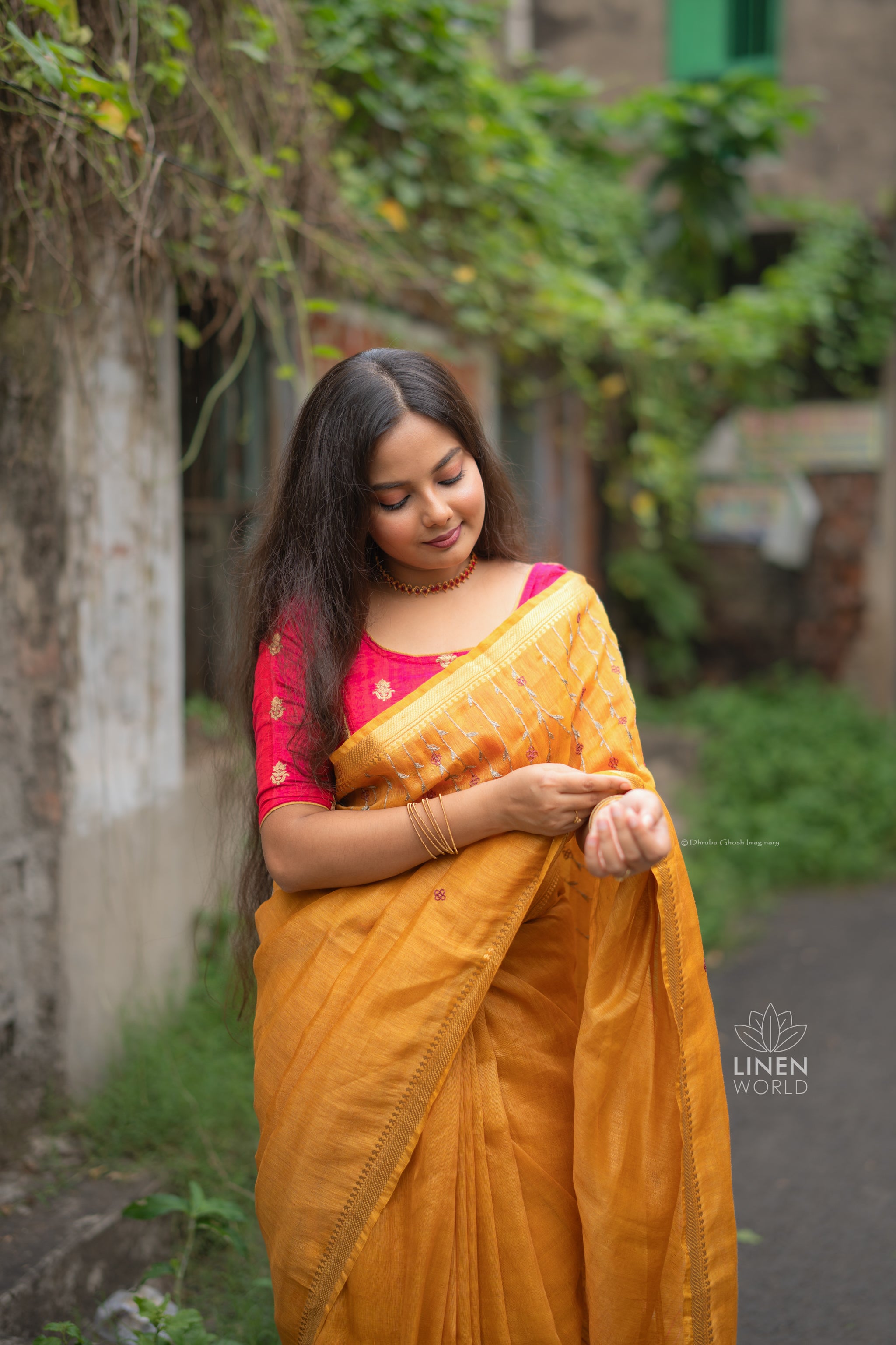 mustard silk linen french knot saree - linenworldonline.in