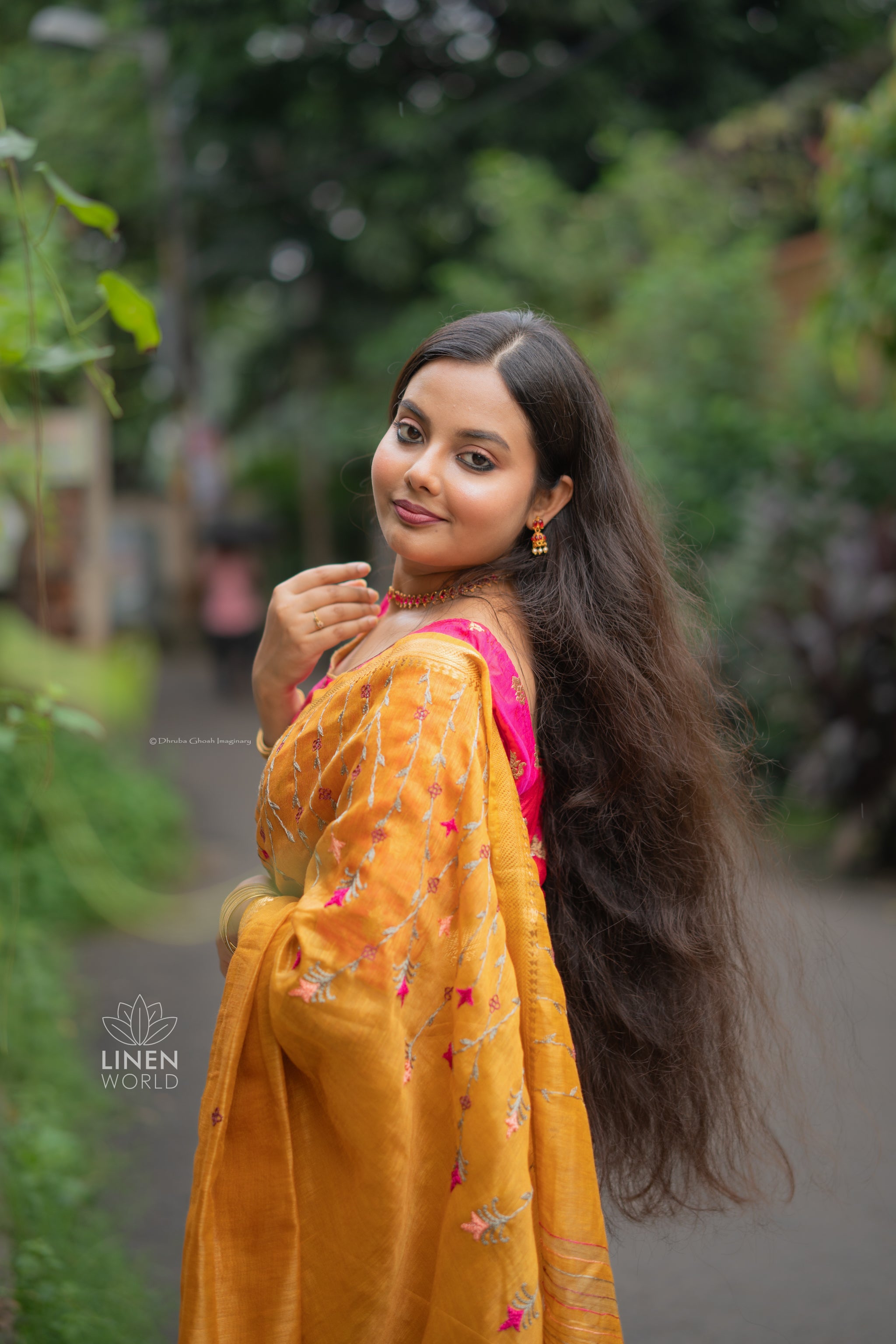 mustard silk linen french knot saree - linenworldonline.in