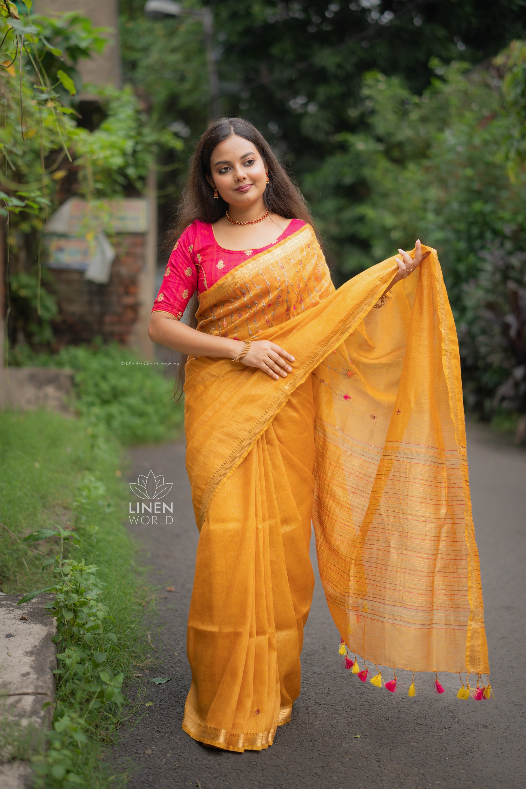 mustard silk linen french knot saree - linenworldonline.in