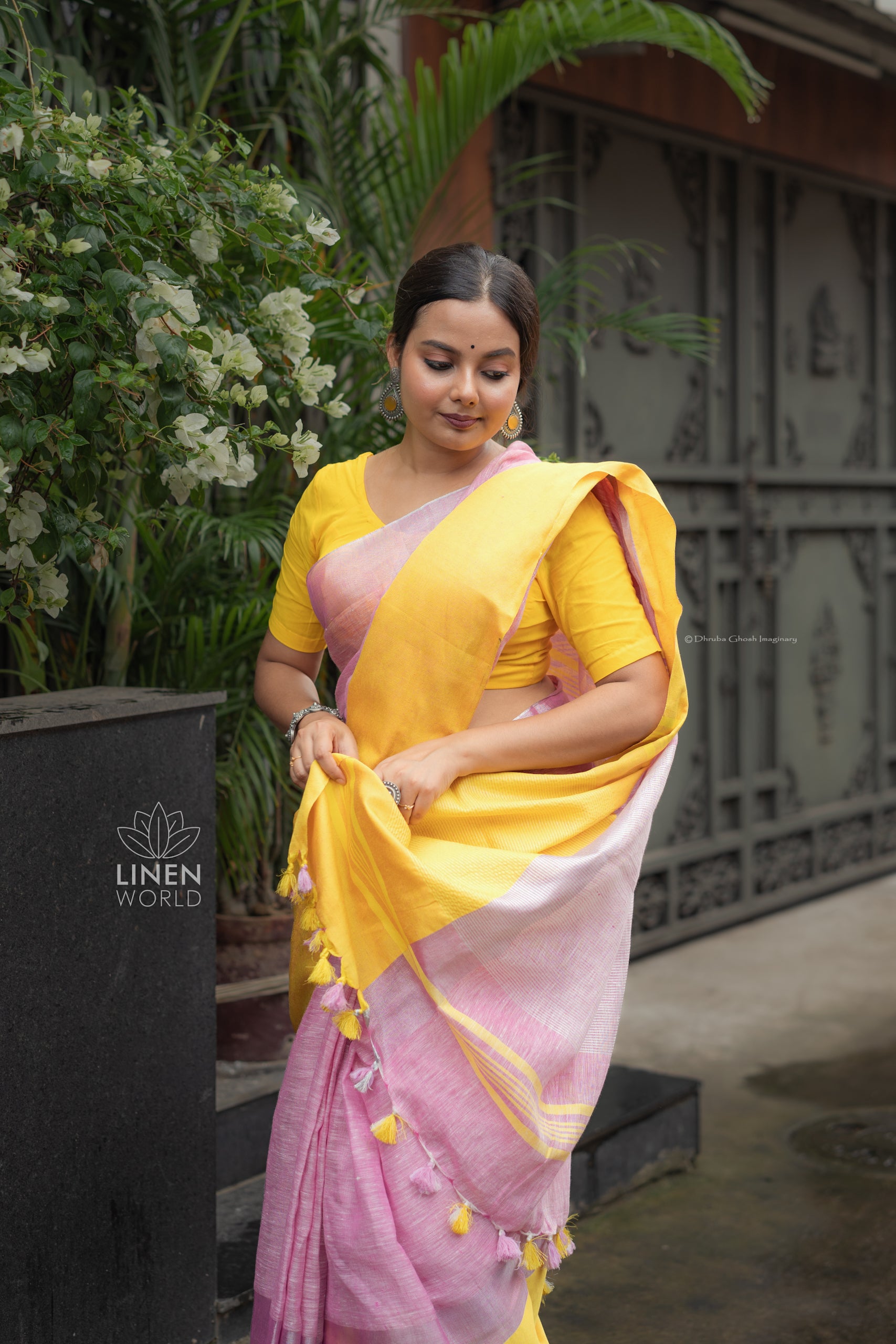 pink handwoven pure linen saree - linenworldonline.in