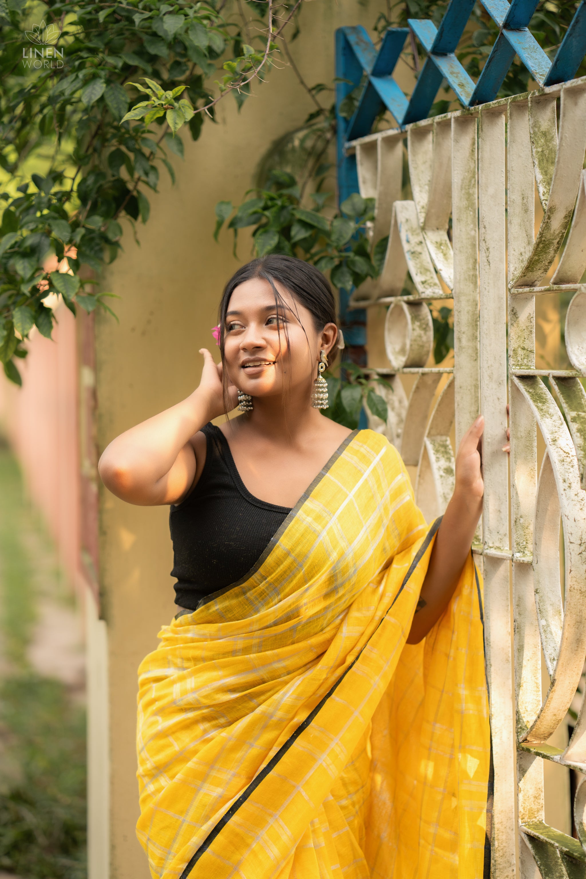 ishani - mango yellow checkered pure linen saree  - linenworldonline.in