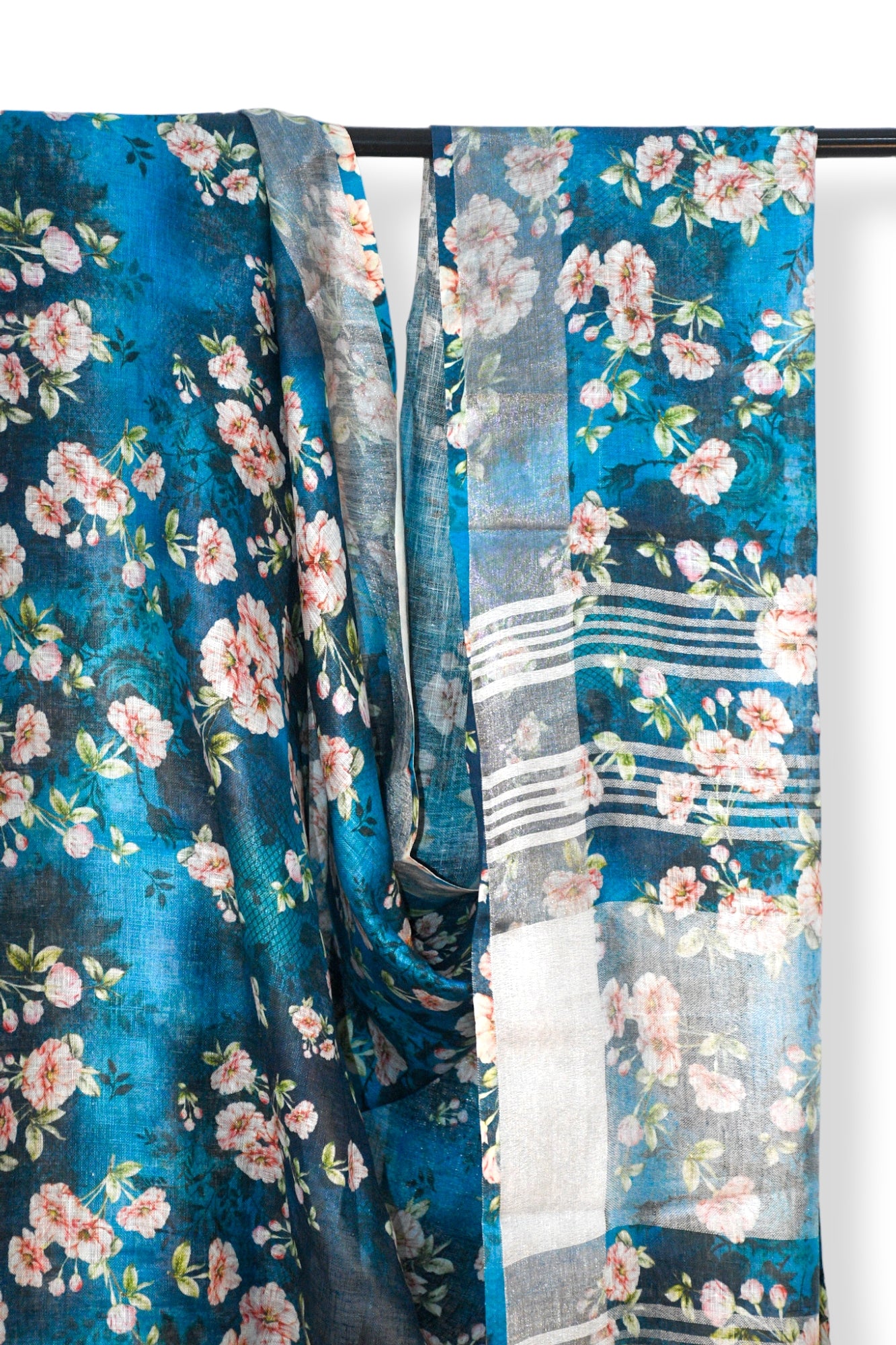 hana: blue digital printed pure linen saree - linenworldonline.in