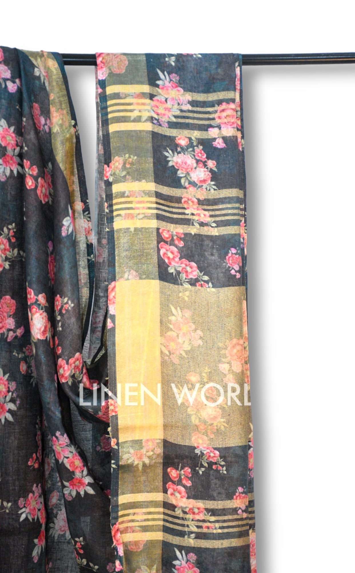 rosemarie: black digital printed pure linen saree - linenworldonline.in