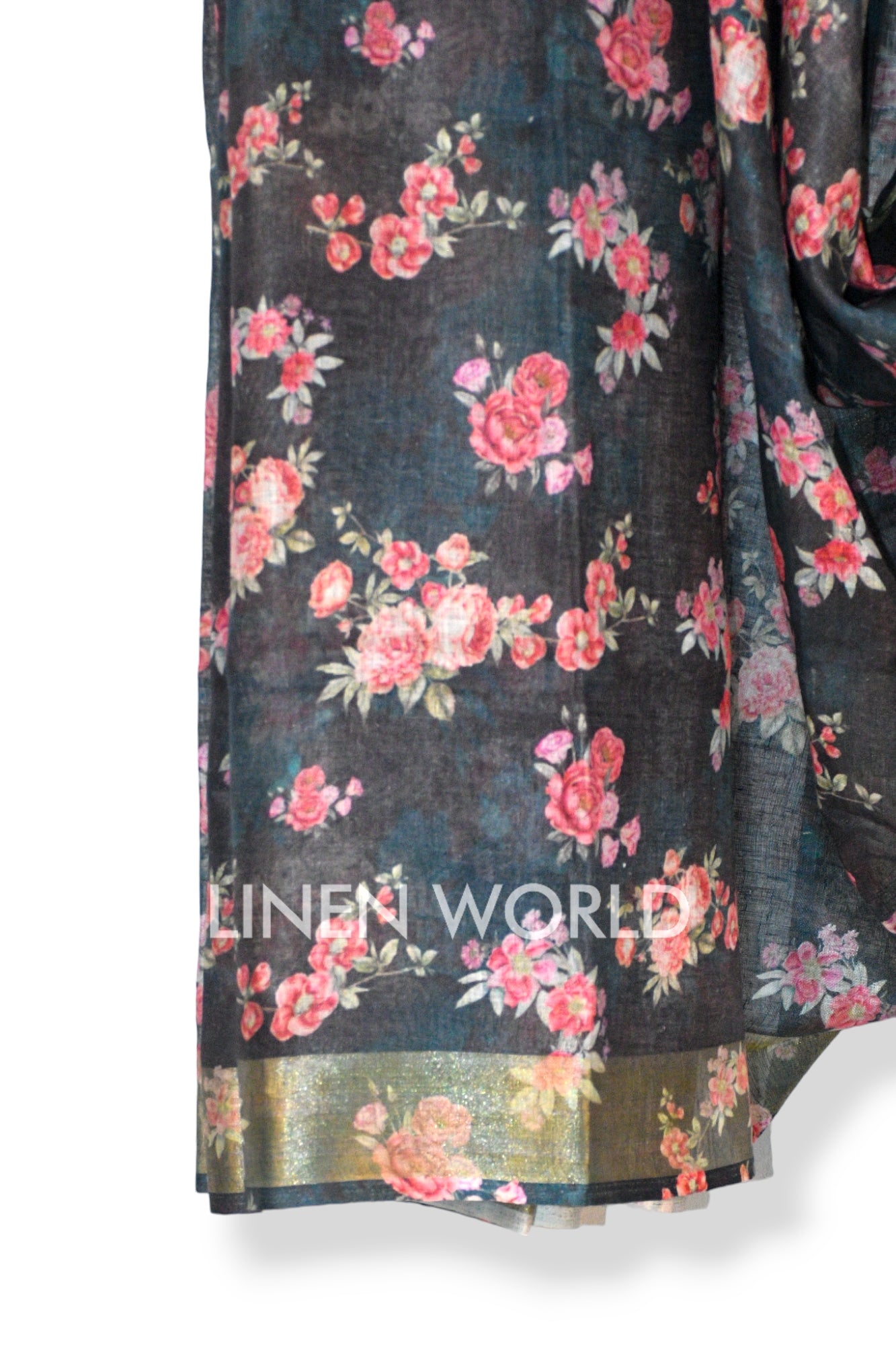 rosemarie: black digital printed pure linen saree - linenworldonline.in