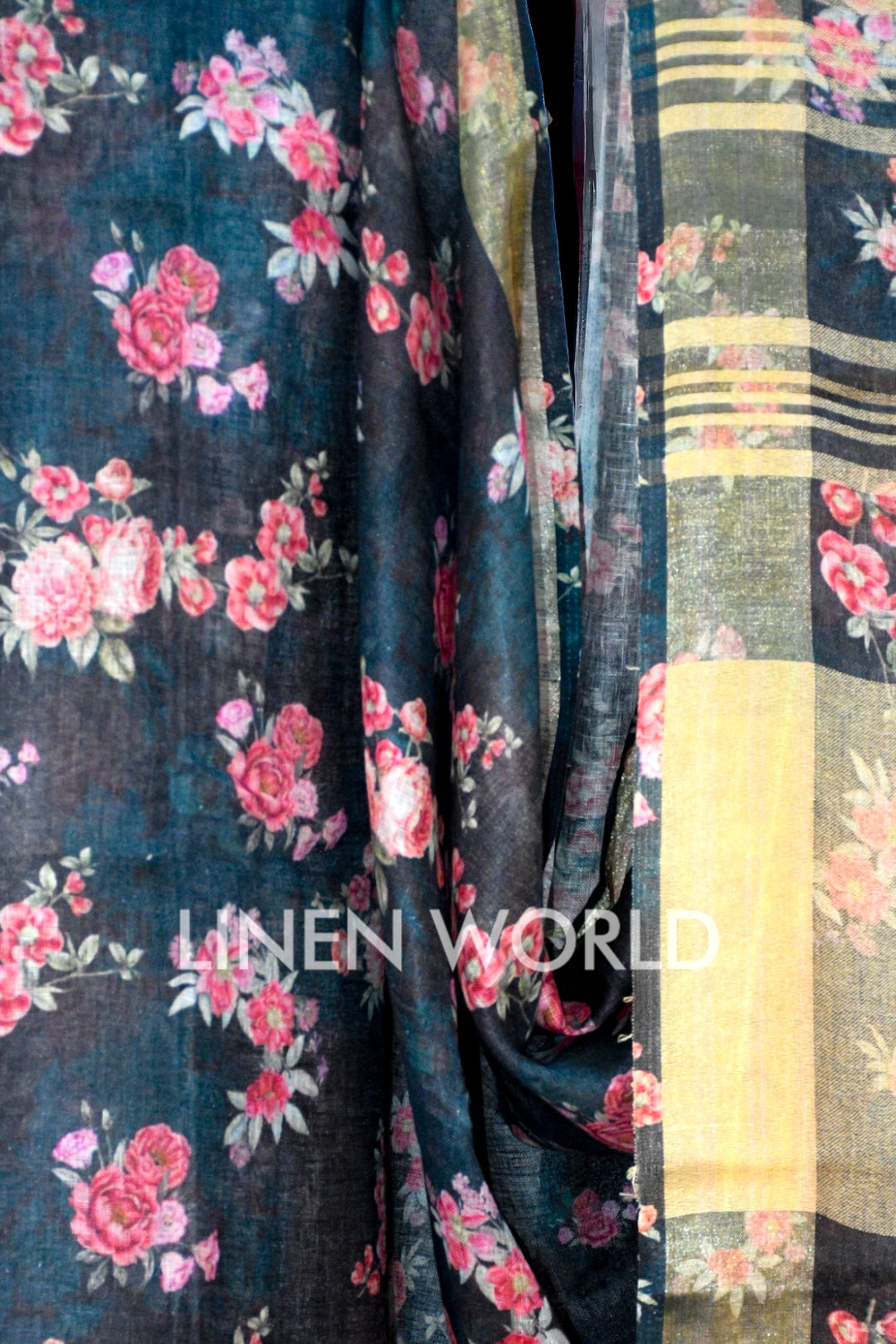 rosemarie: black digital printed pure linen saree - linenworldonline.in