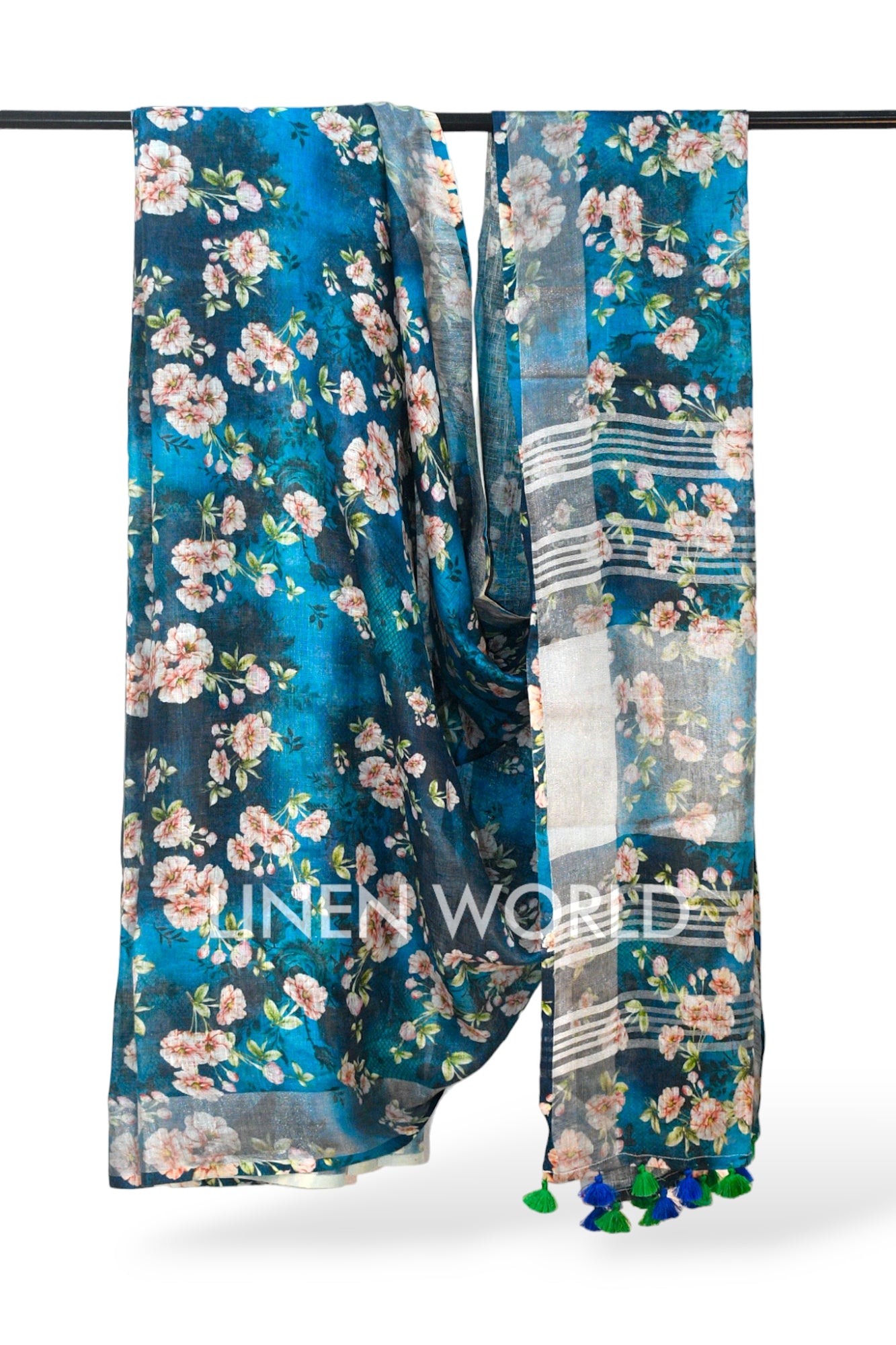 hana: blue digital printed pure linen saree - linenworldonline.in