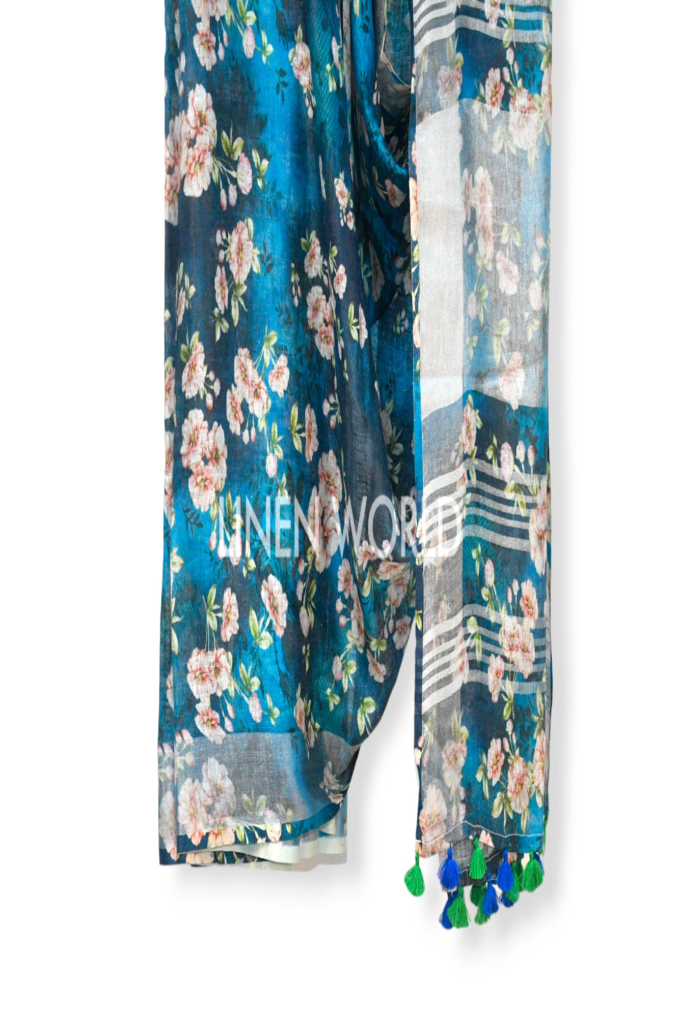 hana: blue digital printed pure linen saree - linenworldonline.in