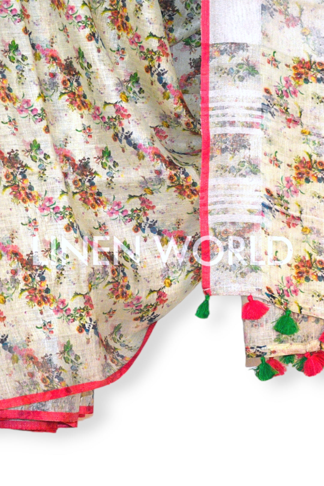 eliza: cream digital printed pure linen saree - linenworldonline.in