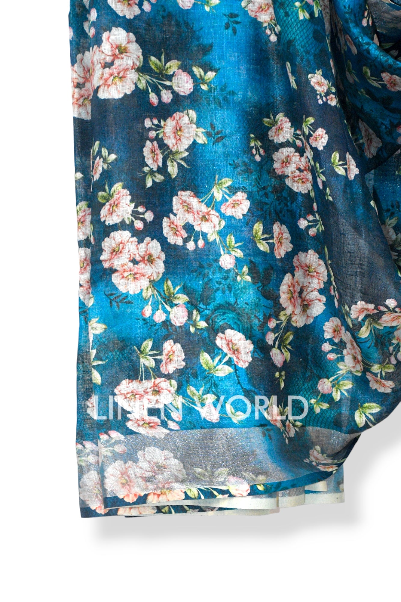 hana: blue digital printed pure linen saree - linenworldonline.in