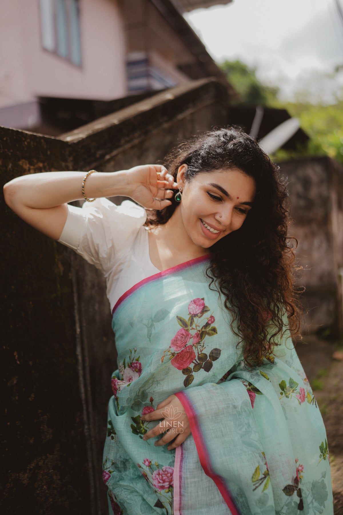 Fariah - Digital Printed Handwoven Pure Linen Sari | Linen World