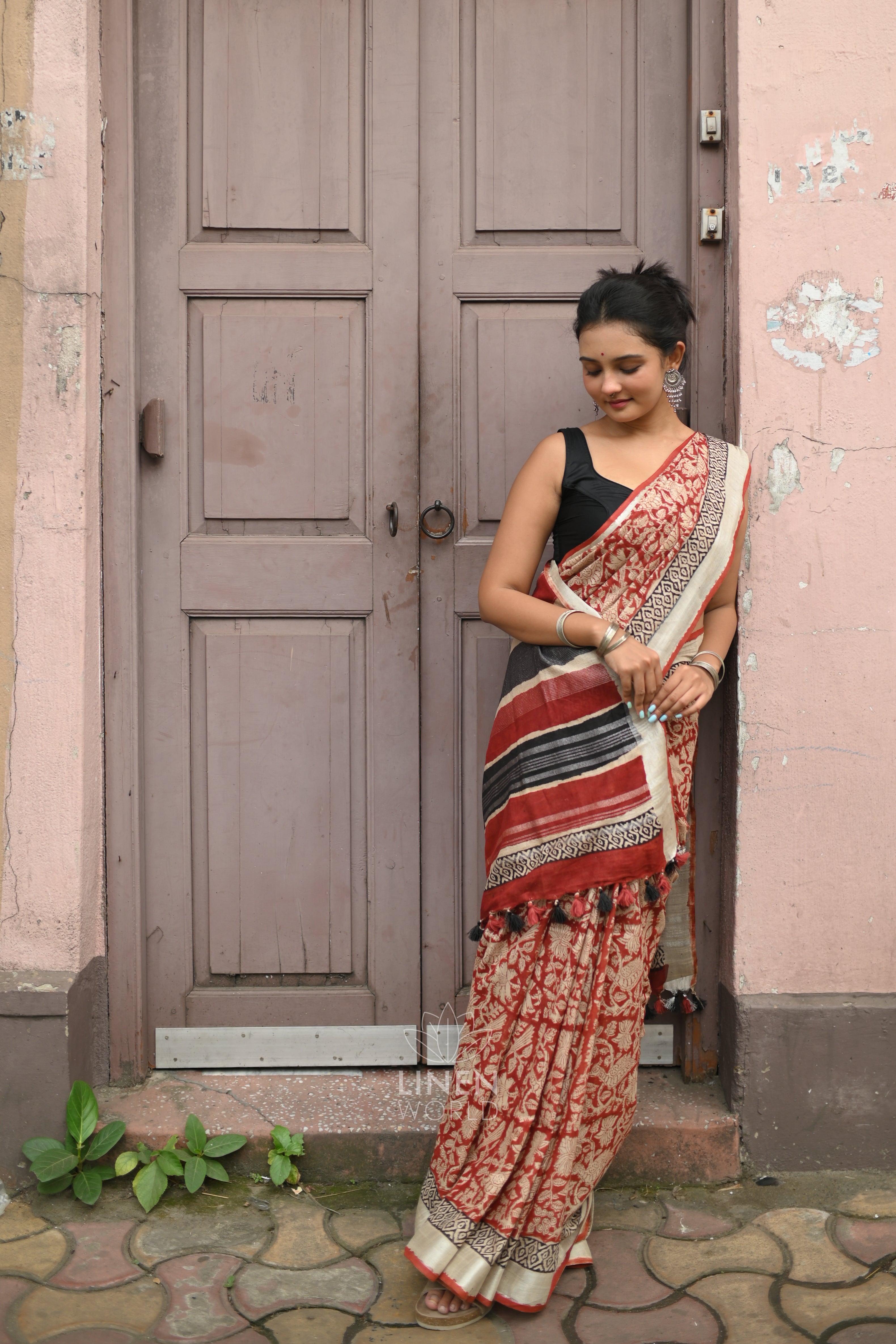 rust block printed semi linen saree - linenworldonline.in