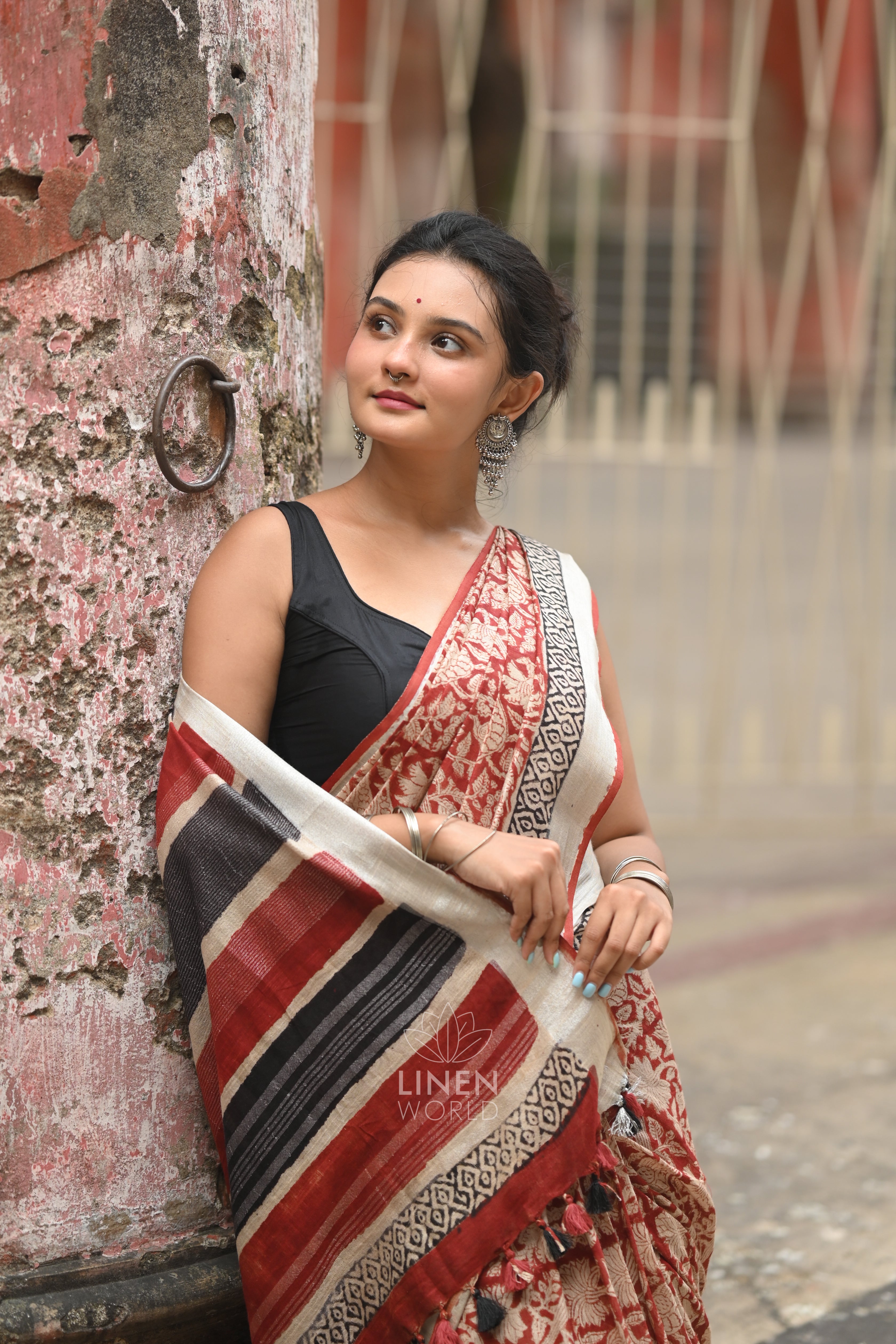 rust block printed semi linen saree - linenworldonline.in