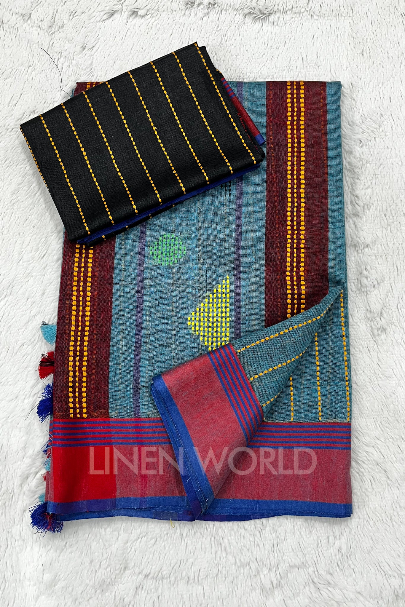 nirja (blue handloom kantha linen saree) - linenworldonline.in